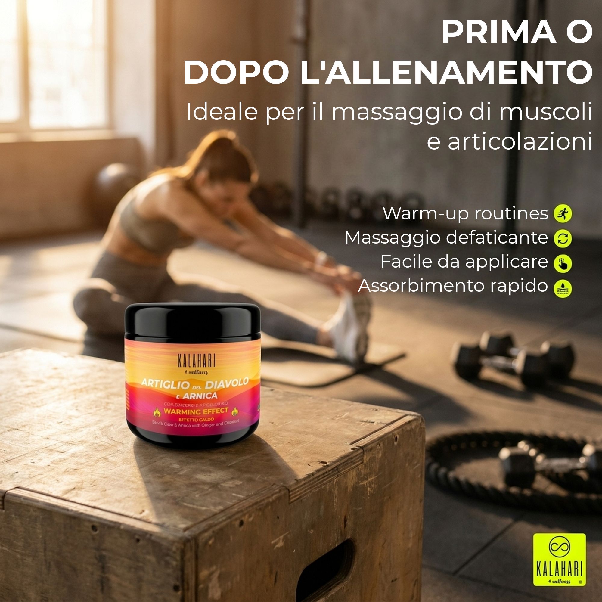 Massaggio alla schiena di una persona. Vasetto di Arnica 98% Estrema con simbolo effetto freddo.