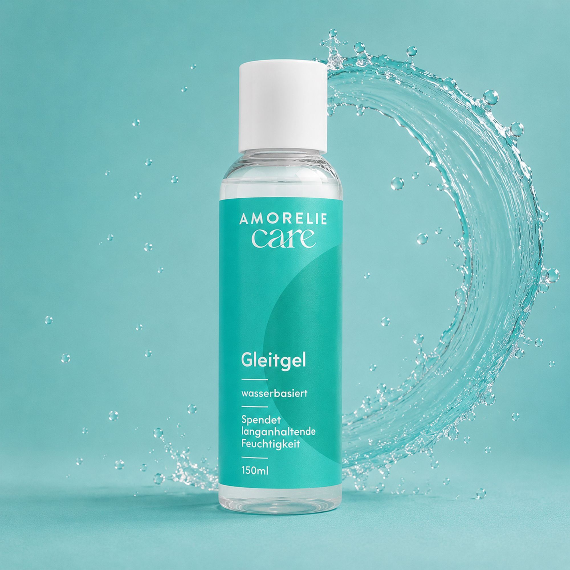 Gel lubrificante AMORELIE Care con uno spruzzo d'acqua sullo sfondo.