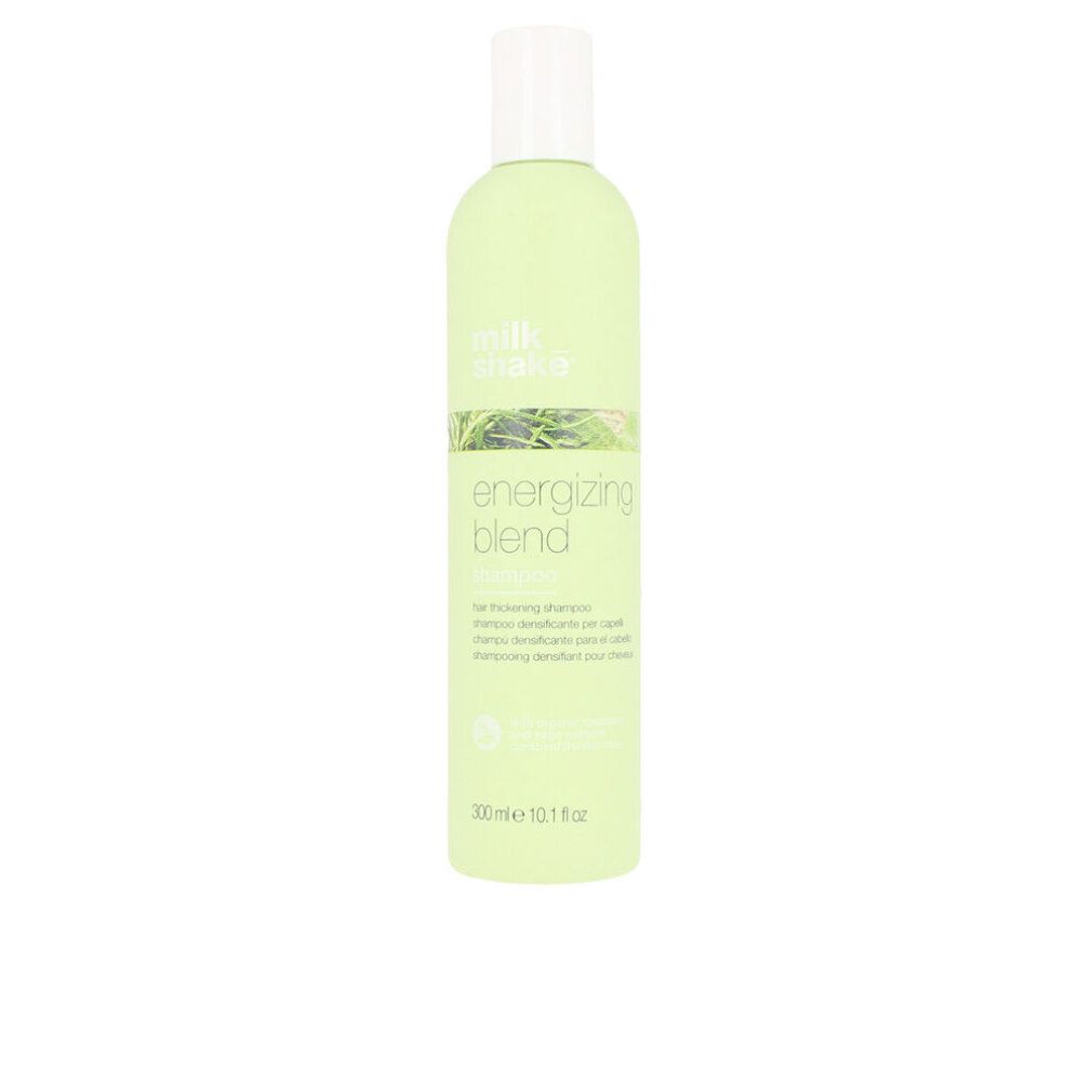 Flacone di shampoo verde chiaro con tappo bianco. Scritta: energizing blend shampoo. Vista verticale.