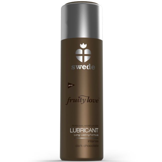 Flacone marrone scuro con tappo argentato. Marca: Swede. Prodotto: Fruity Love Lubricant.