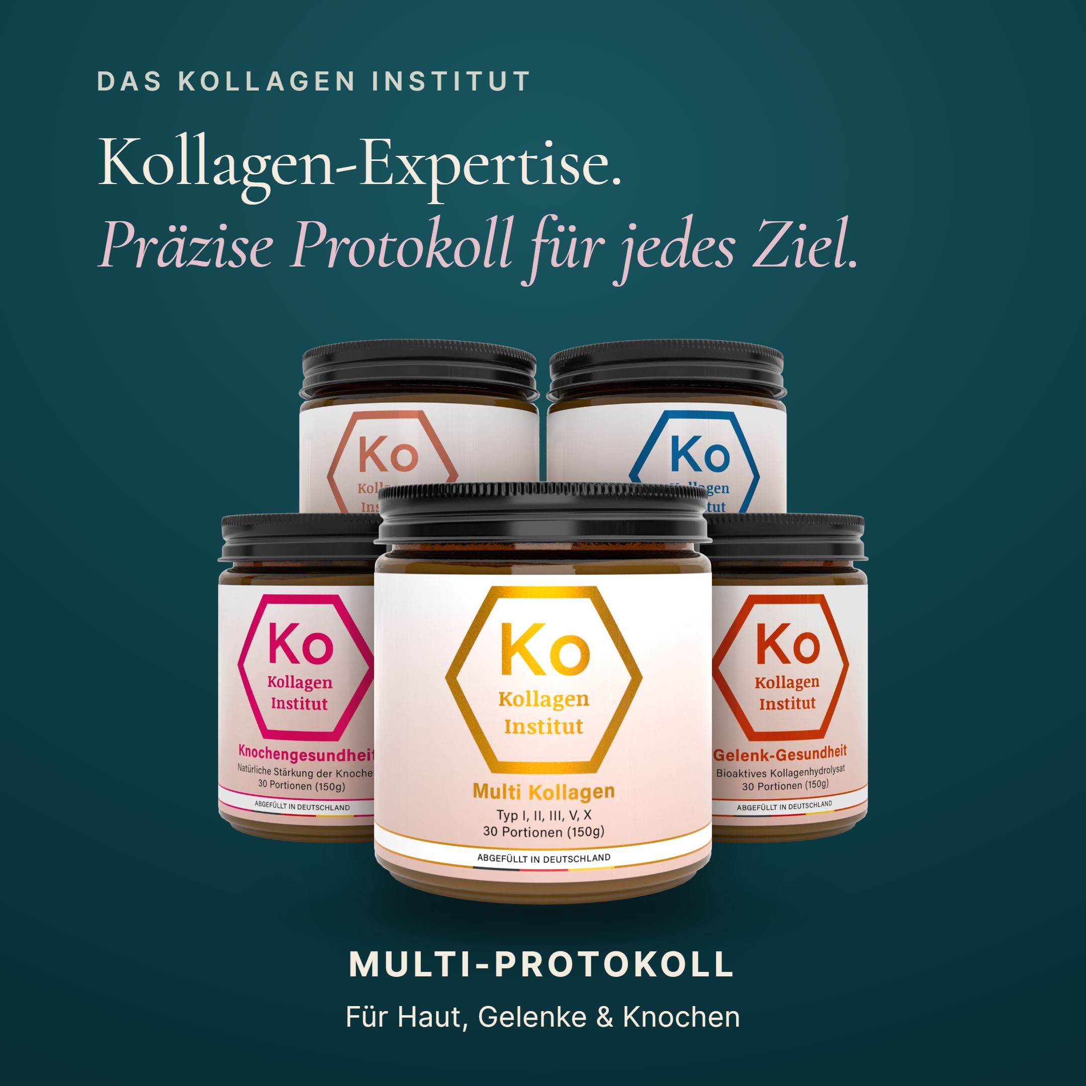 Cinque barattoli di prodotti a base di collagene di diversi colori. Testo: Esperienza nel collagene. Multi-protocollo per pelle, articolazioni e ossa.
