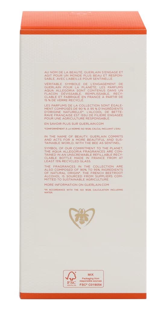 Confezione con testo e logo. Testo: informazioni su Guerlain e la linea Aqua Allegoria. Logo FSC.