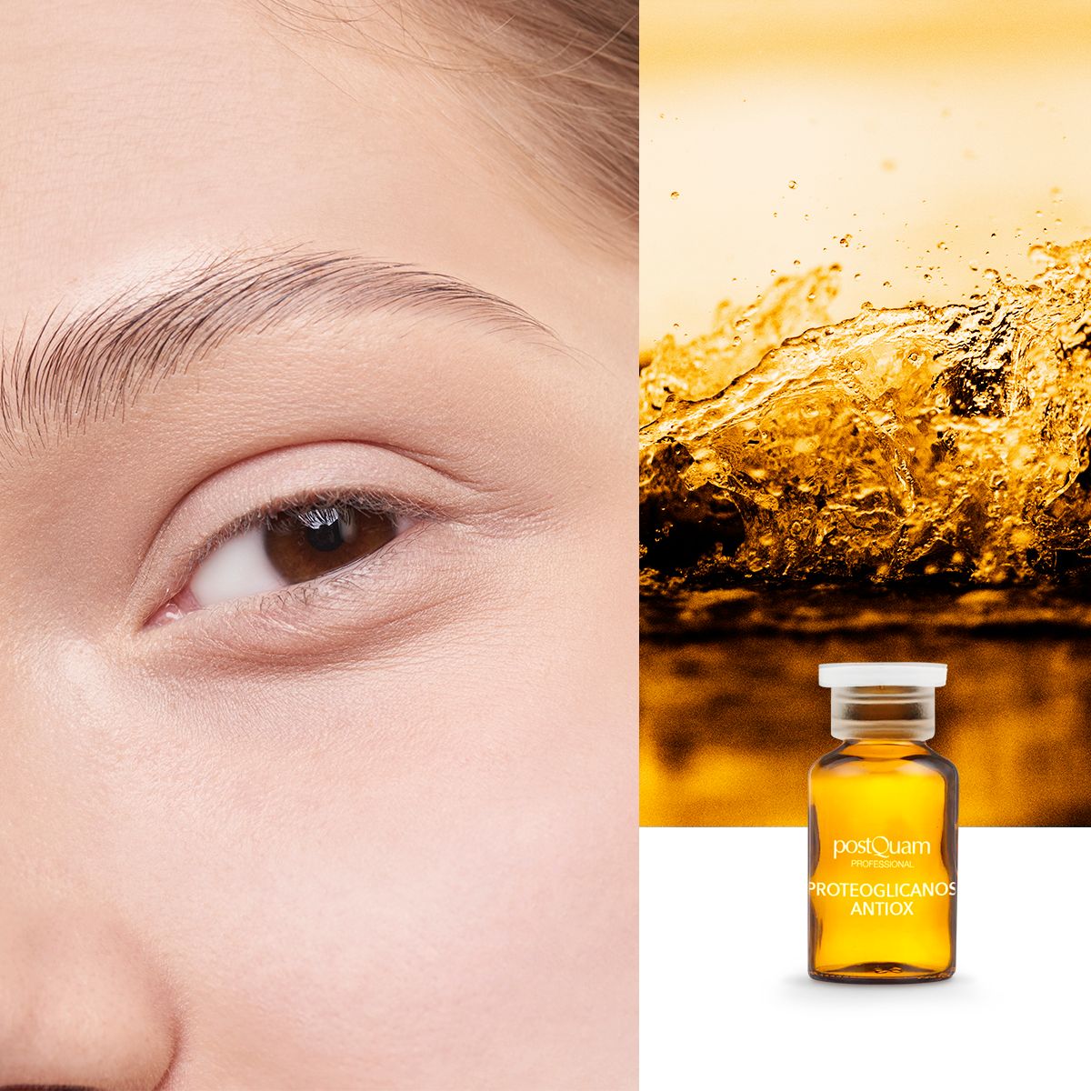 Primo piano di un occhio e di una fiala Postquam Proteoglykane Antioxidant. Sfondo: liquido dorato.