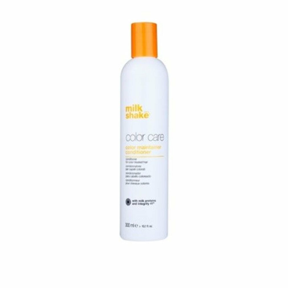 Flacone bianco con tappo giallo. Scritta: milk_shake, color care, color maintainer conditioner. 300 ml.