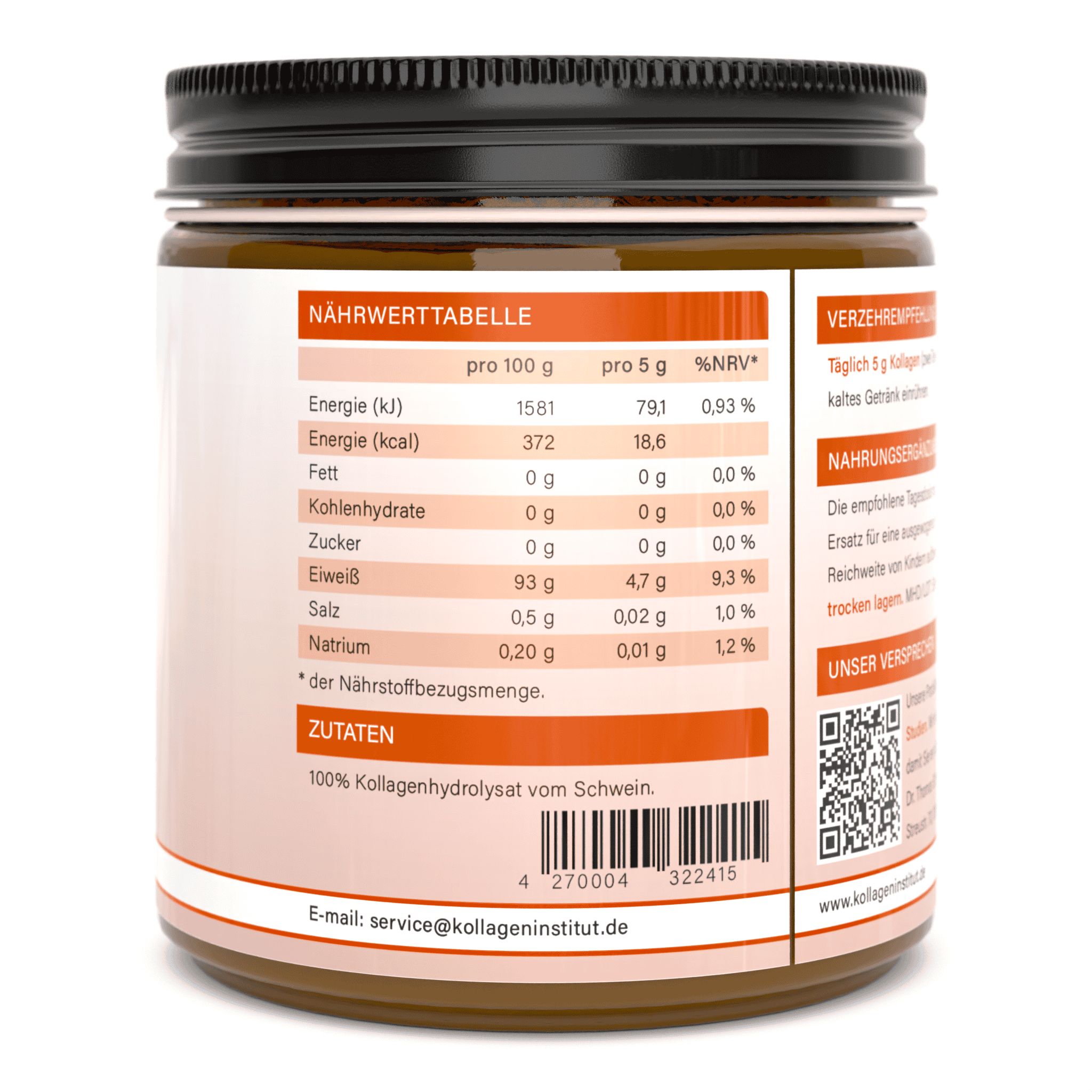 Retro di un barattolo di vetro marrone. Tabella nutrizionale, ingredienti, codice QR, informazioni di contatto. 100% idrolizzato di collagene suino.