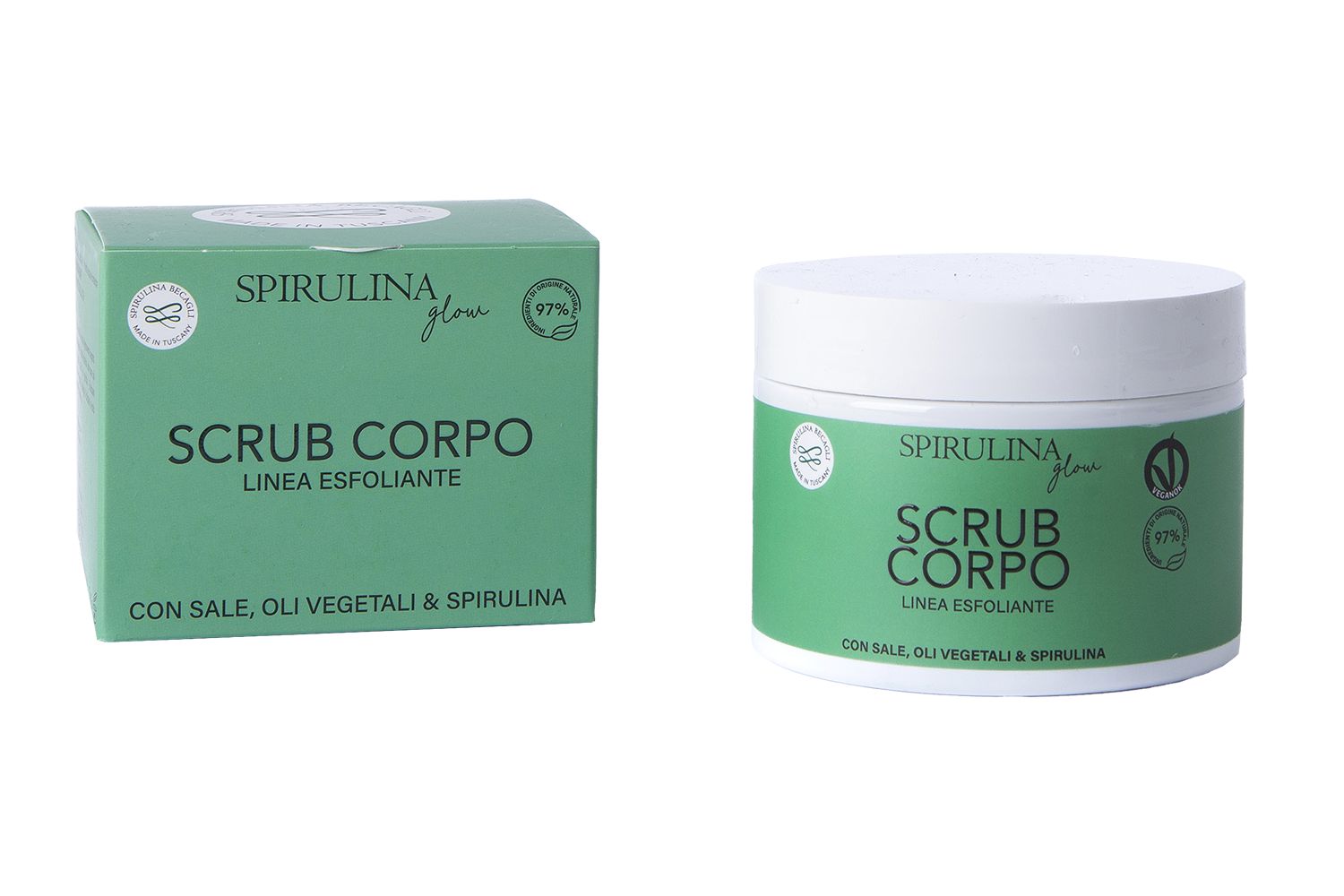 Scatola verde e barattolo rotondo. Scritta: Spirulina, Scrub Corpo, Linea Esfoliante. Entrambi i prodotti affiancati.