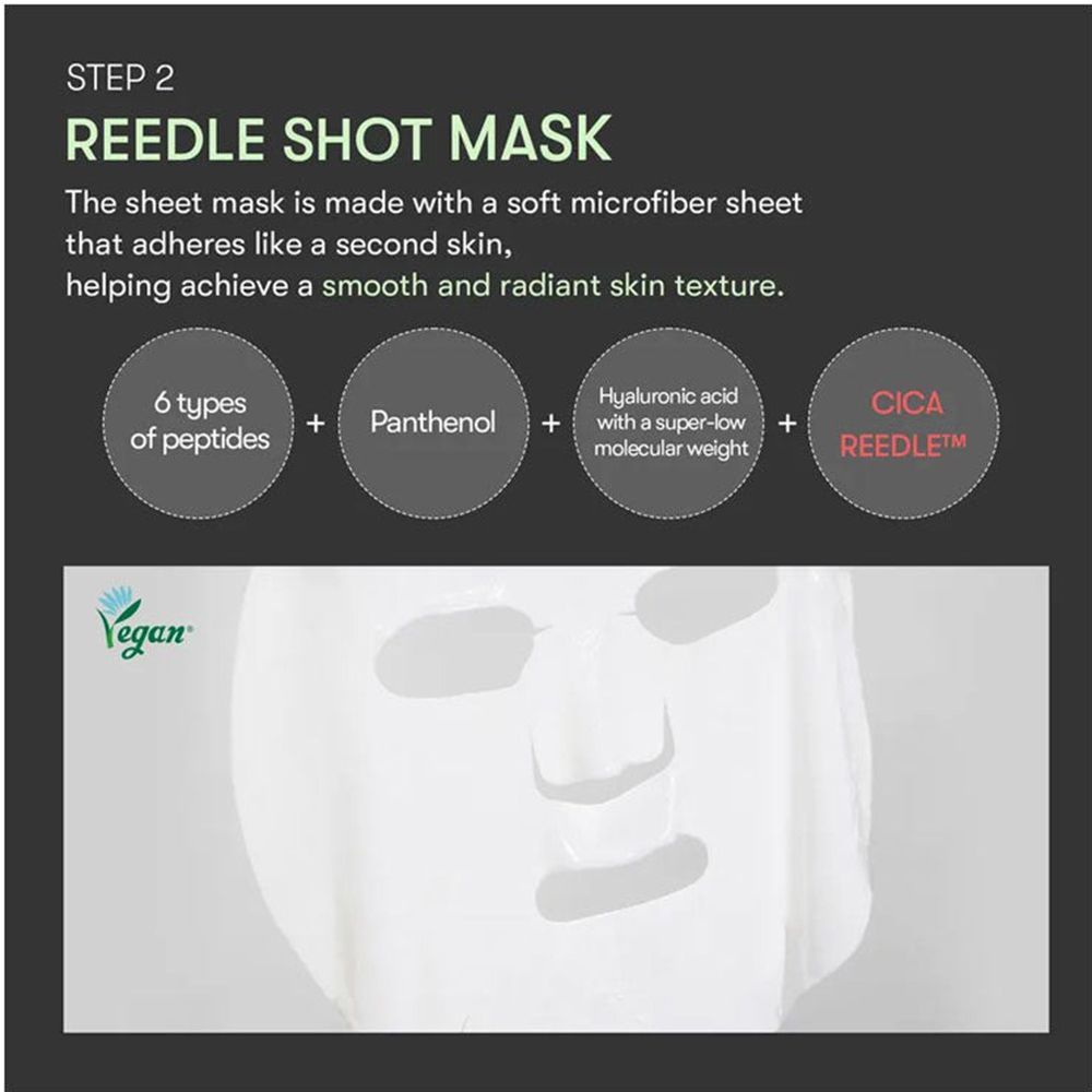 Infografica: ingredienti della maschera Reedle Shot. 6 peptidi, pantenolo, acido ialuronico e CICA Reedle™. Certificazione Vegan. Maschera.