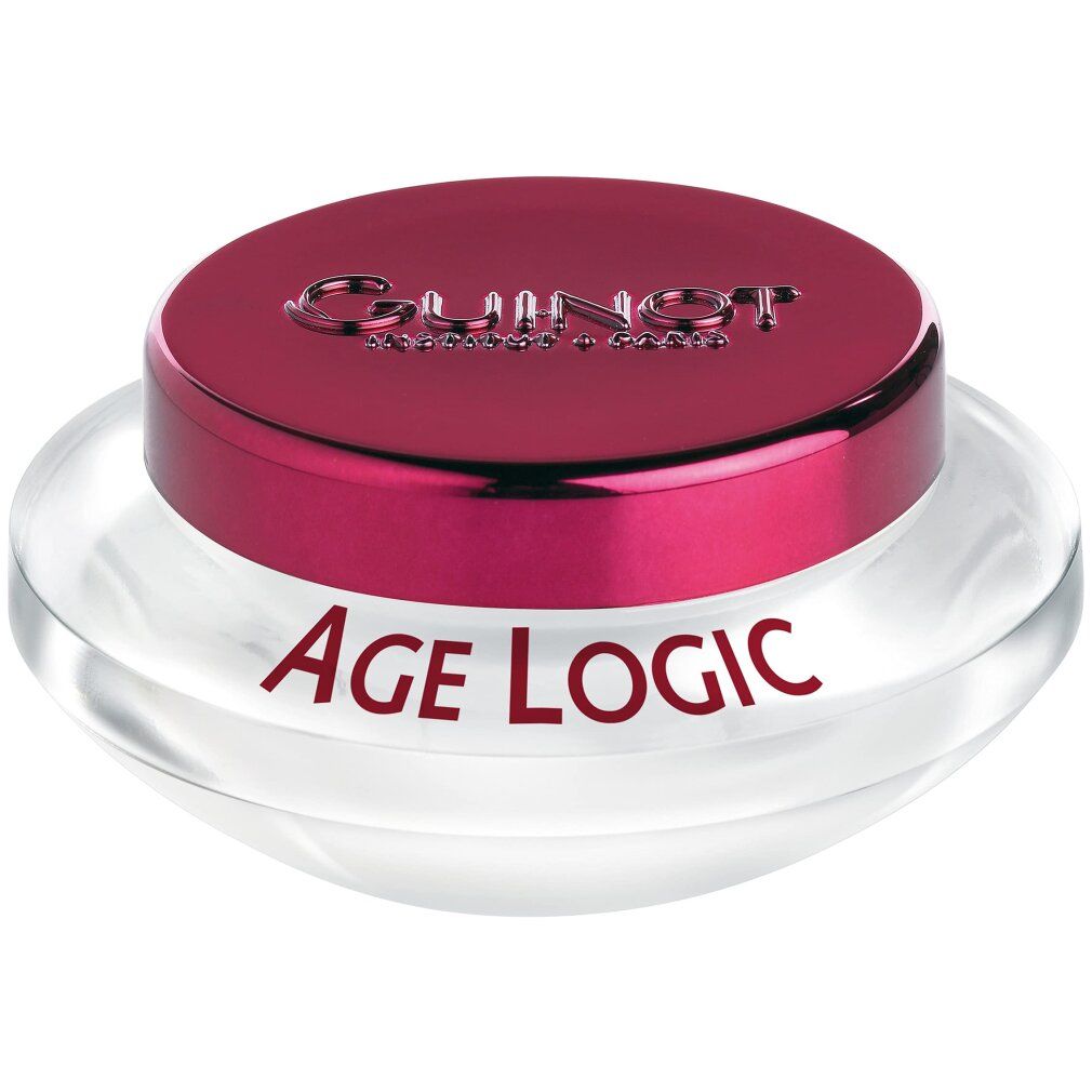 Vasetto di crema con coperchio rosso. Scritta: Guinot, Age Logic. Contenitore trasparente.