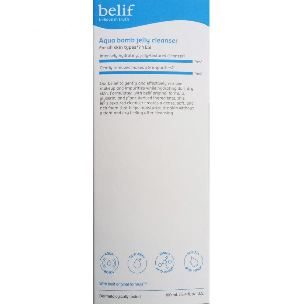 Retro del tubo Belif Aqua Bomb Jelly Cleanser con informazioni sul prodotto.