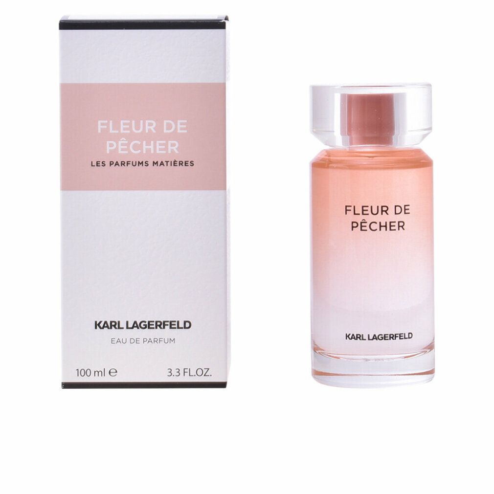 Spray Eau de Parfum Fleur de Pêcher. Flacone. Sfumatura rosa, tappo trasparente. Logo Karl Lagerfeld.