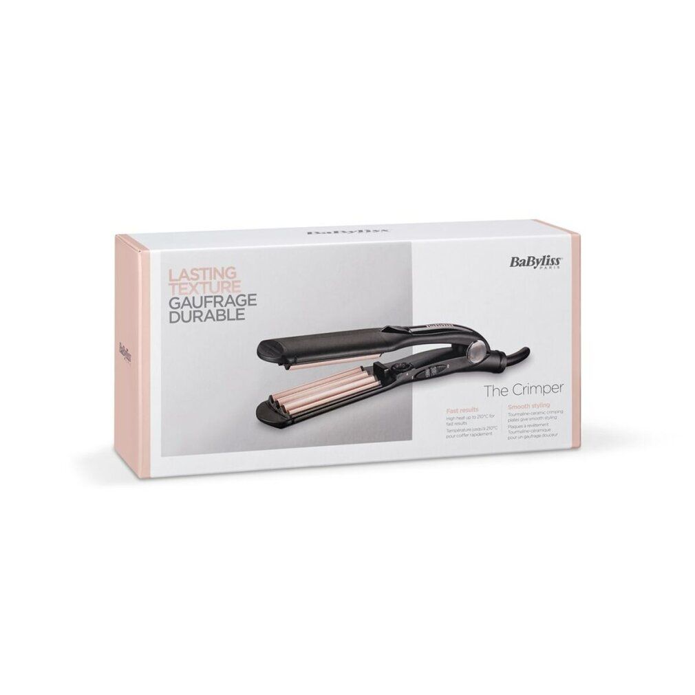 Arricciacapelli BaByliss in confezione. Apparecchio nero e rosa. Confezione con immagine.