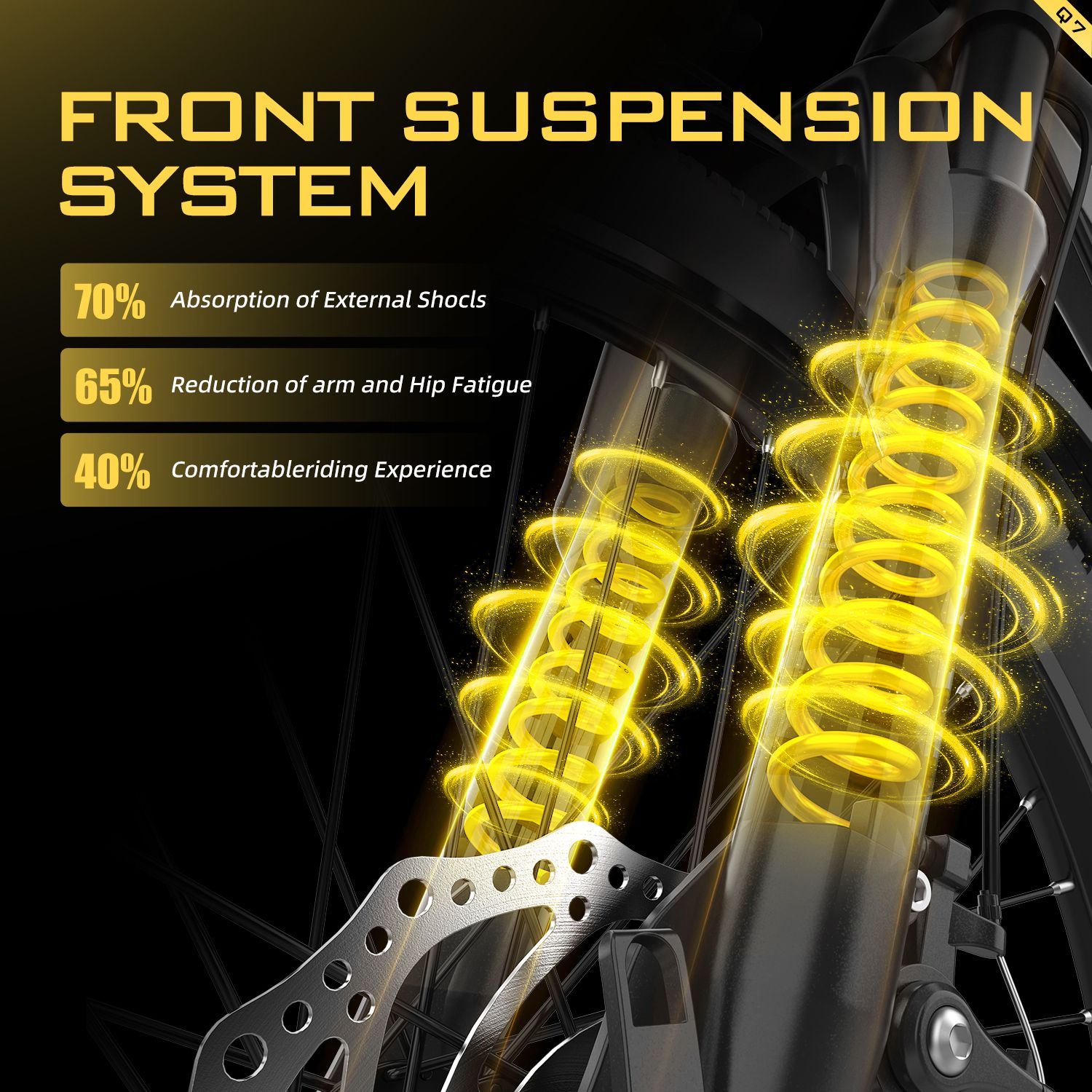 Sospensione anteriore con molle gialle. Informazioni su assorbimento degli urti, riduzione dell'affaticamento e comfort.