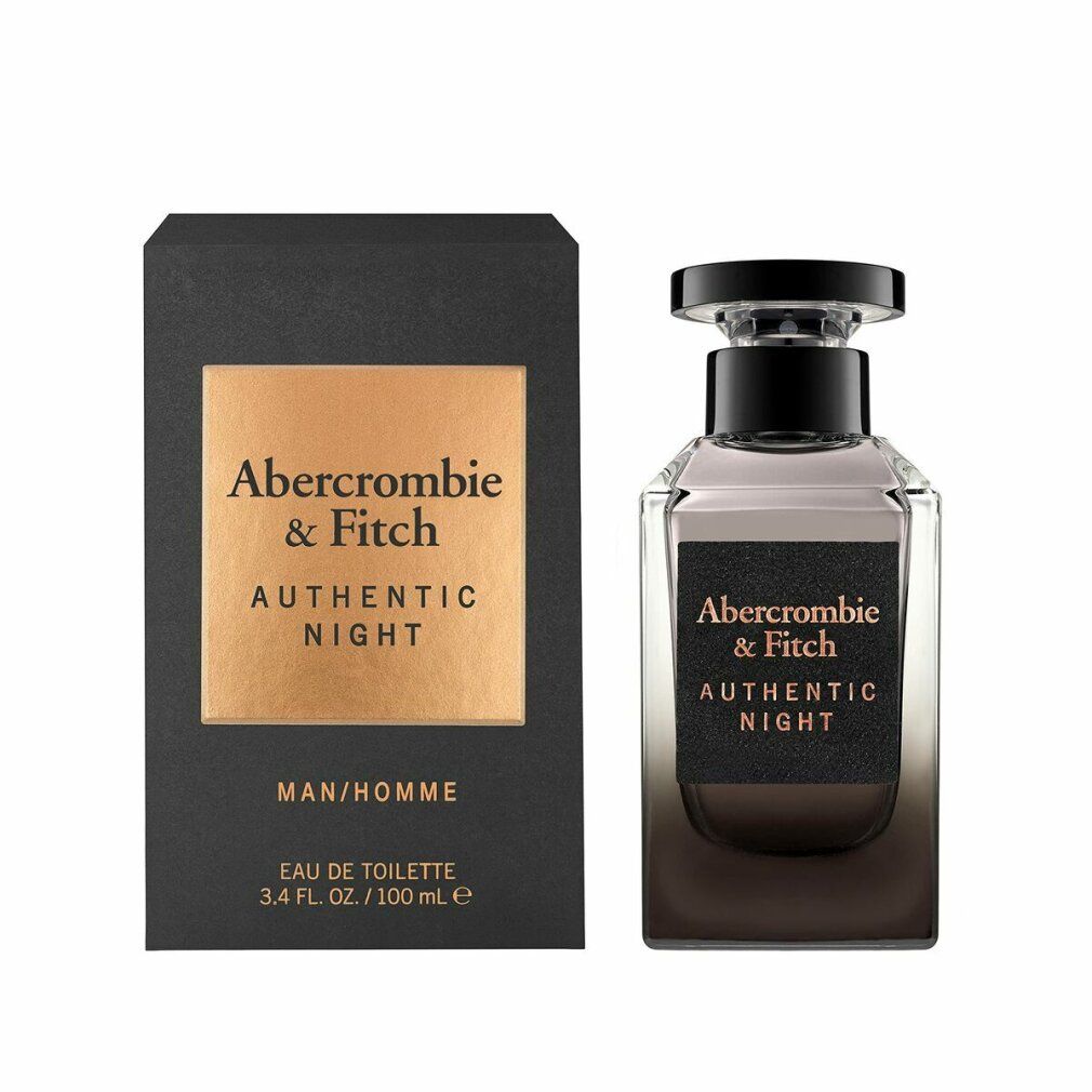 Flacone e scatola. Scatola nera con stampa dorata. Flacone con tappo ed etichetta neri. Testo: Abercrombie & Fitch AUTHENTIC NIGHT.