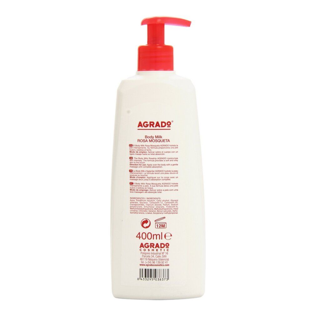 Retro di un flacone bianco. Testo: Agrado Body Milk Rosa Mosqueta. 400ml. Informazioni e codice a barre.
