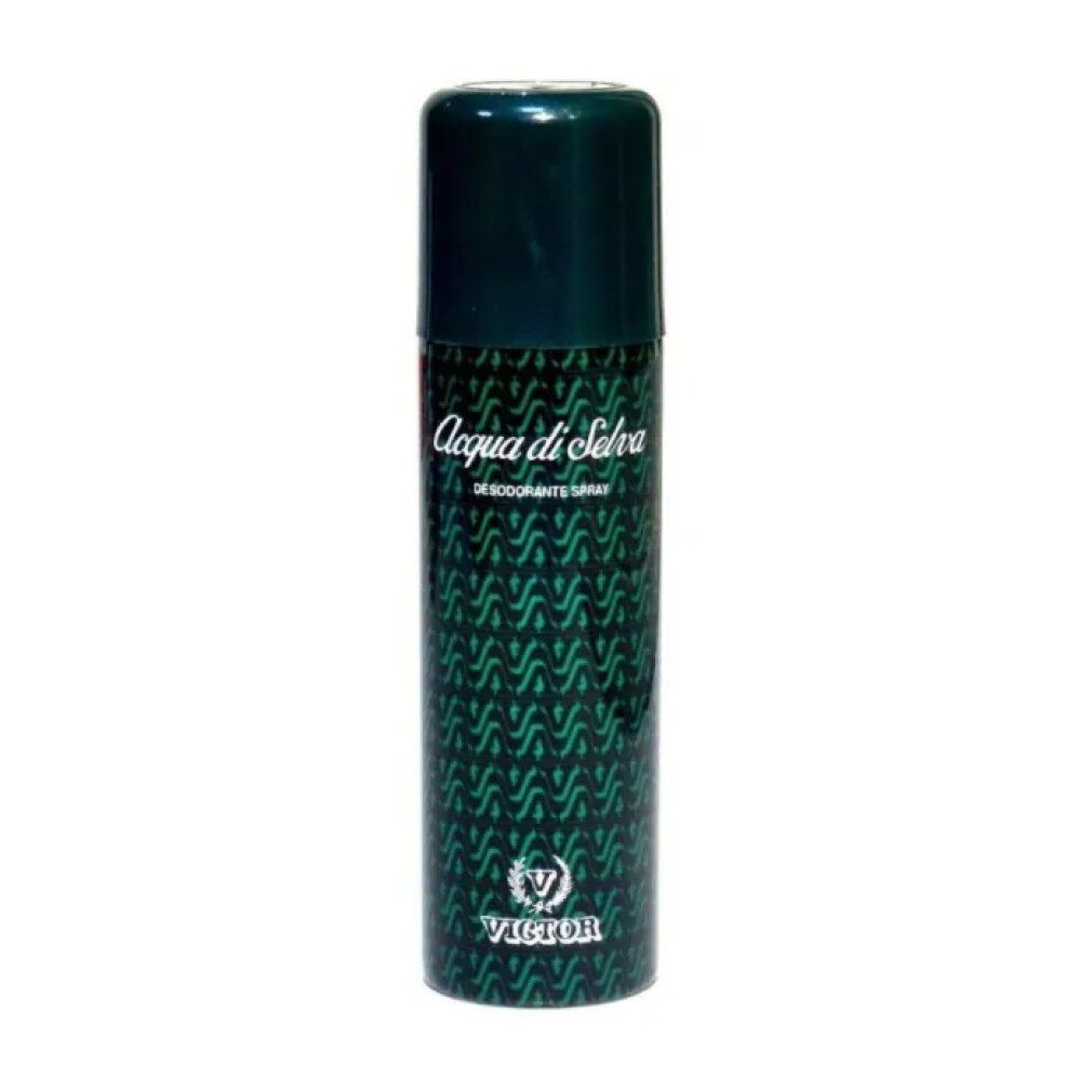 Spray deodorante. Motivo verde e nero. Scritta: Acqua di Selva, Desodorante Spray, Victor. Forma cilindrica.