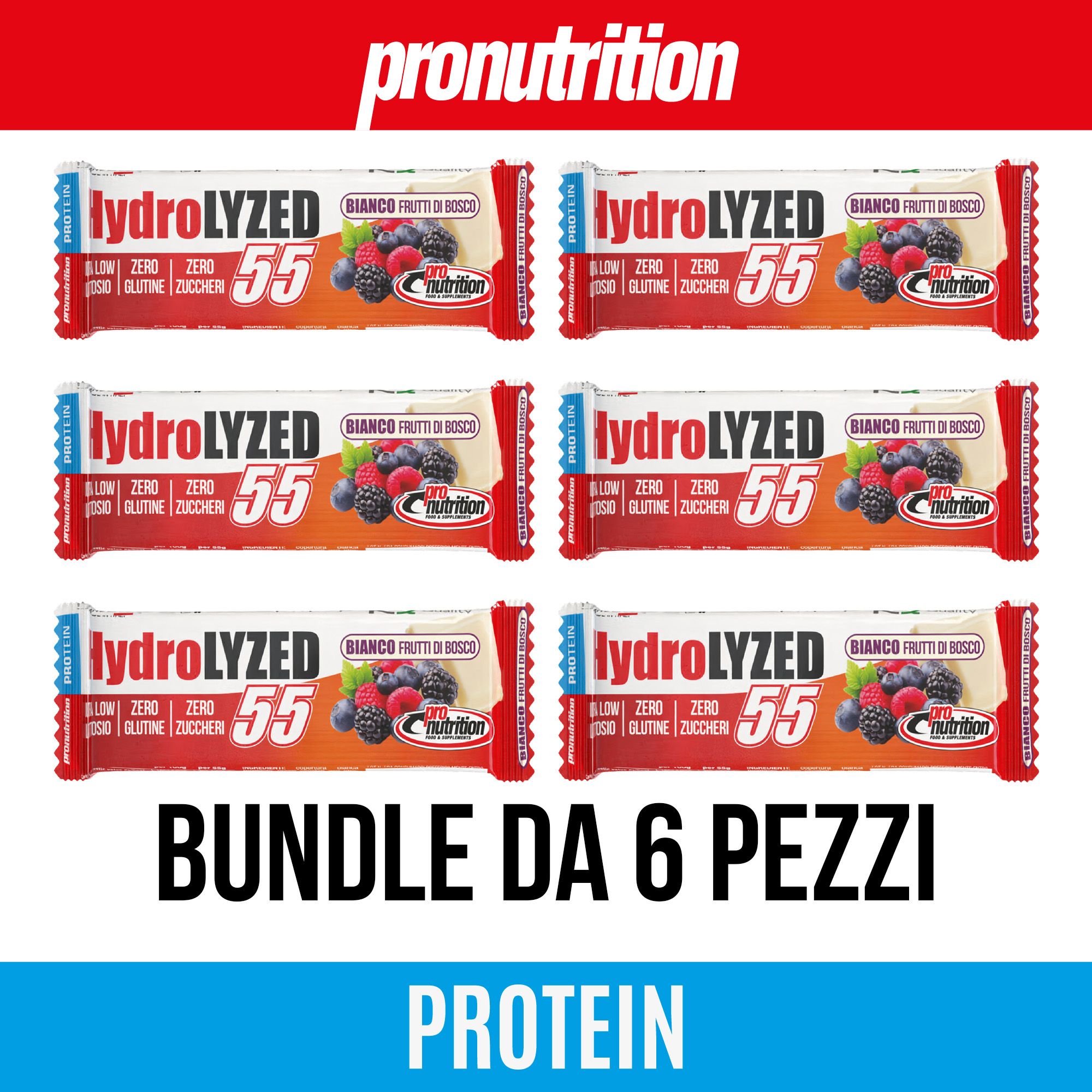 6 barrette proteiche pronutrition HydroLYZED, gusto frutti di bosco. Scritta: Bundle da 6 pezzi. Zero zuccheri, senza glutine e lattosio.
