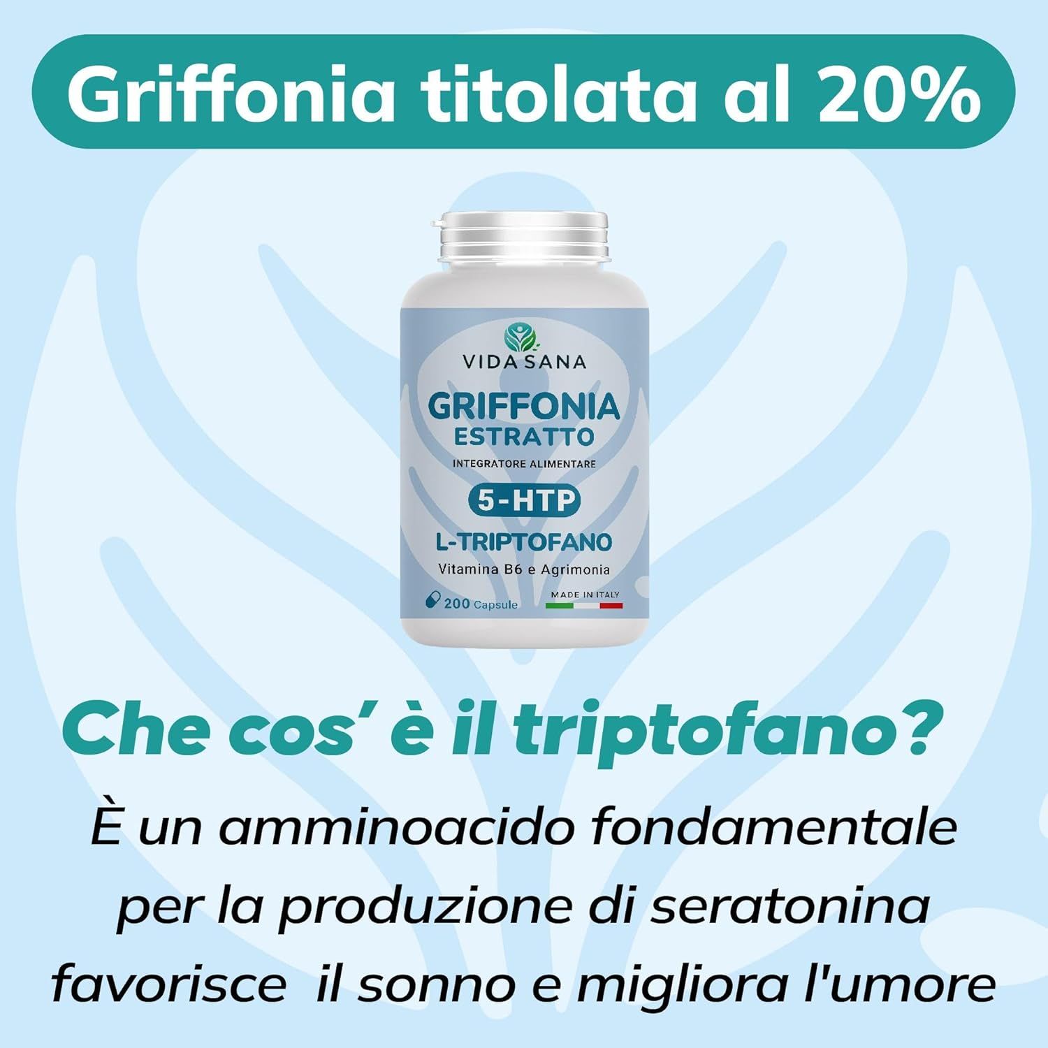 Grafica con flacone. Testo: Griffonia titolata al 20%. Domanda: Che cos'è il triptofano? Risposta: Aminoacido per la produzione di serotonina.