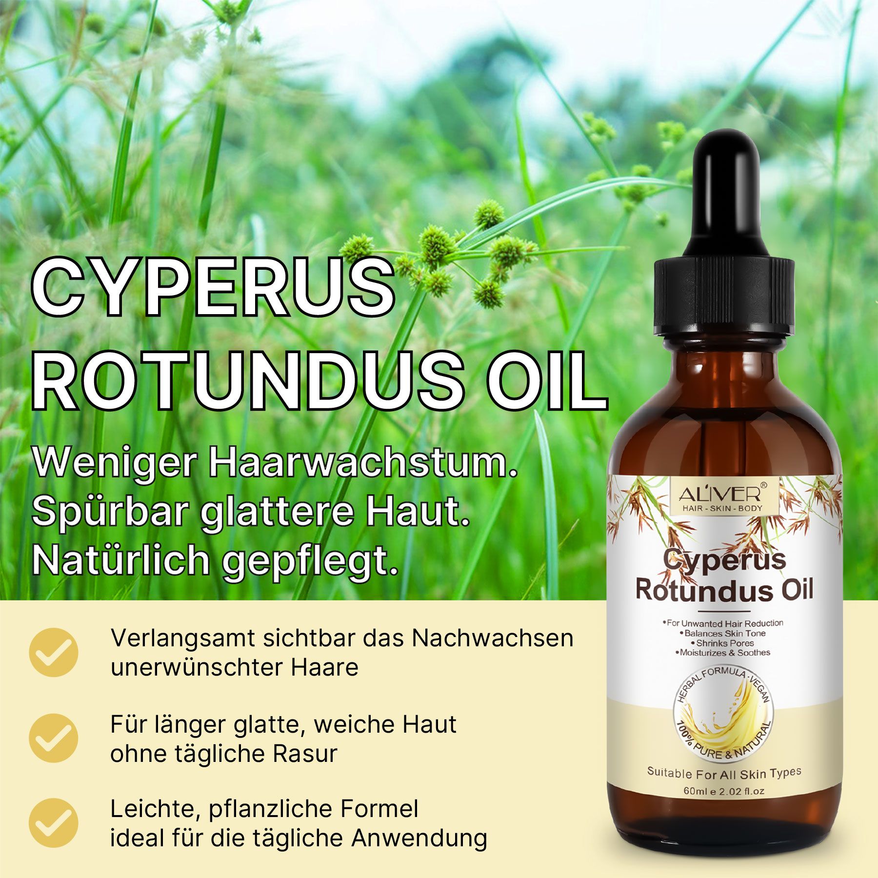 Aliver Olio di Cyperus Rotundus per la cura della pelle, riduzione della crescita dei peli