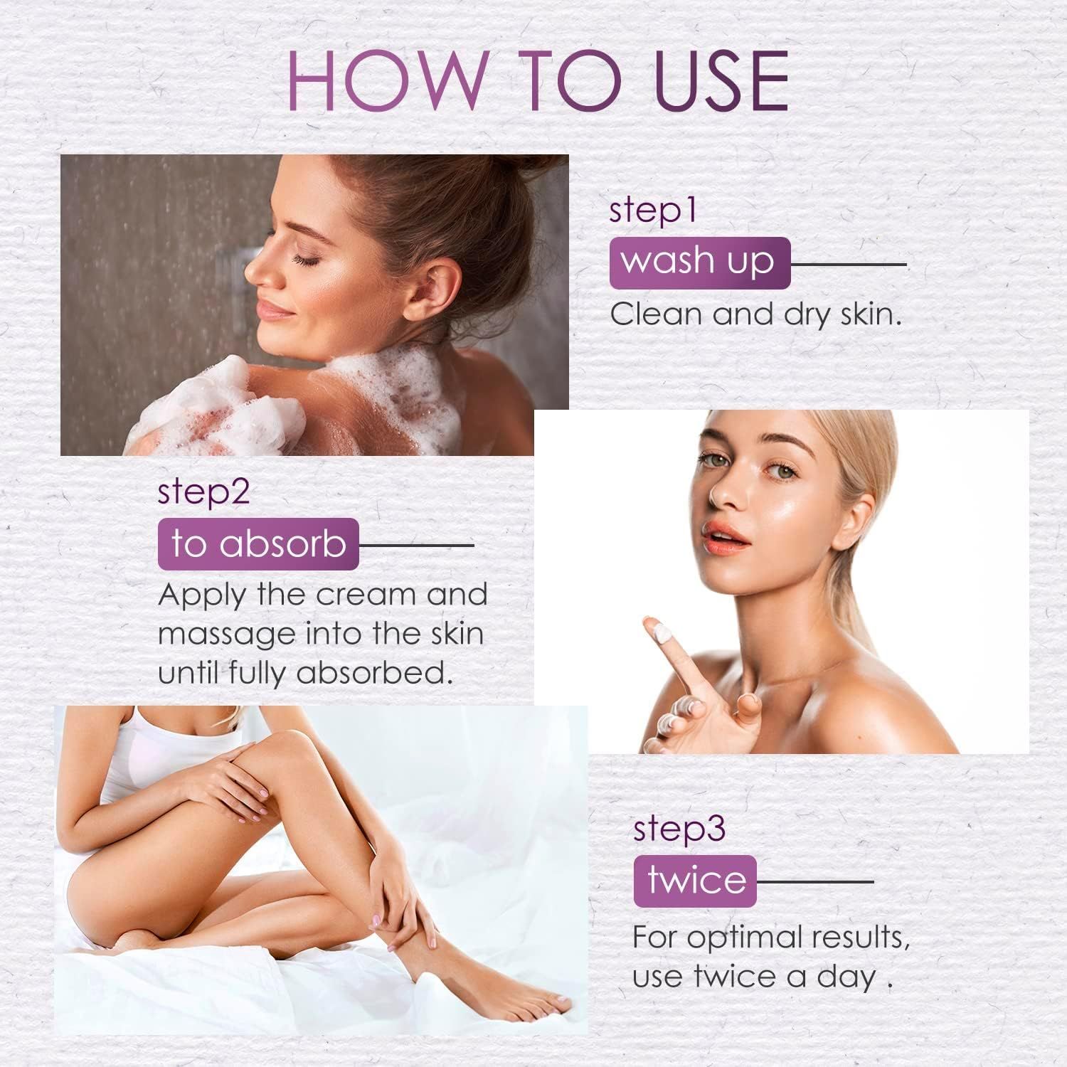 Fasi di utilizzo. Donna si lava, applica crema e mostra gamba. Testo: Wash up, to absorb, twice. Per risultati ottimali.