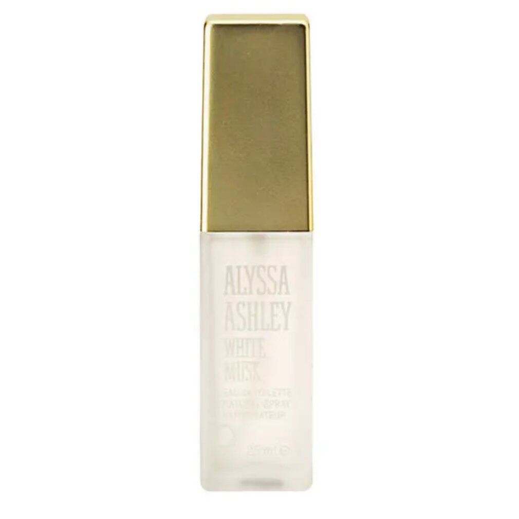 Alyssa Ashley White Musk Eau de Toilette Spray. Flacone rettangolare, tappo dorato. Etichetta bianca con testo.