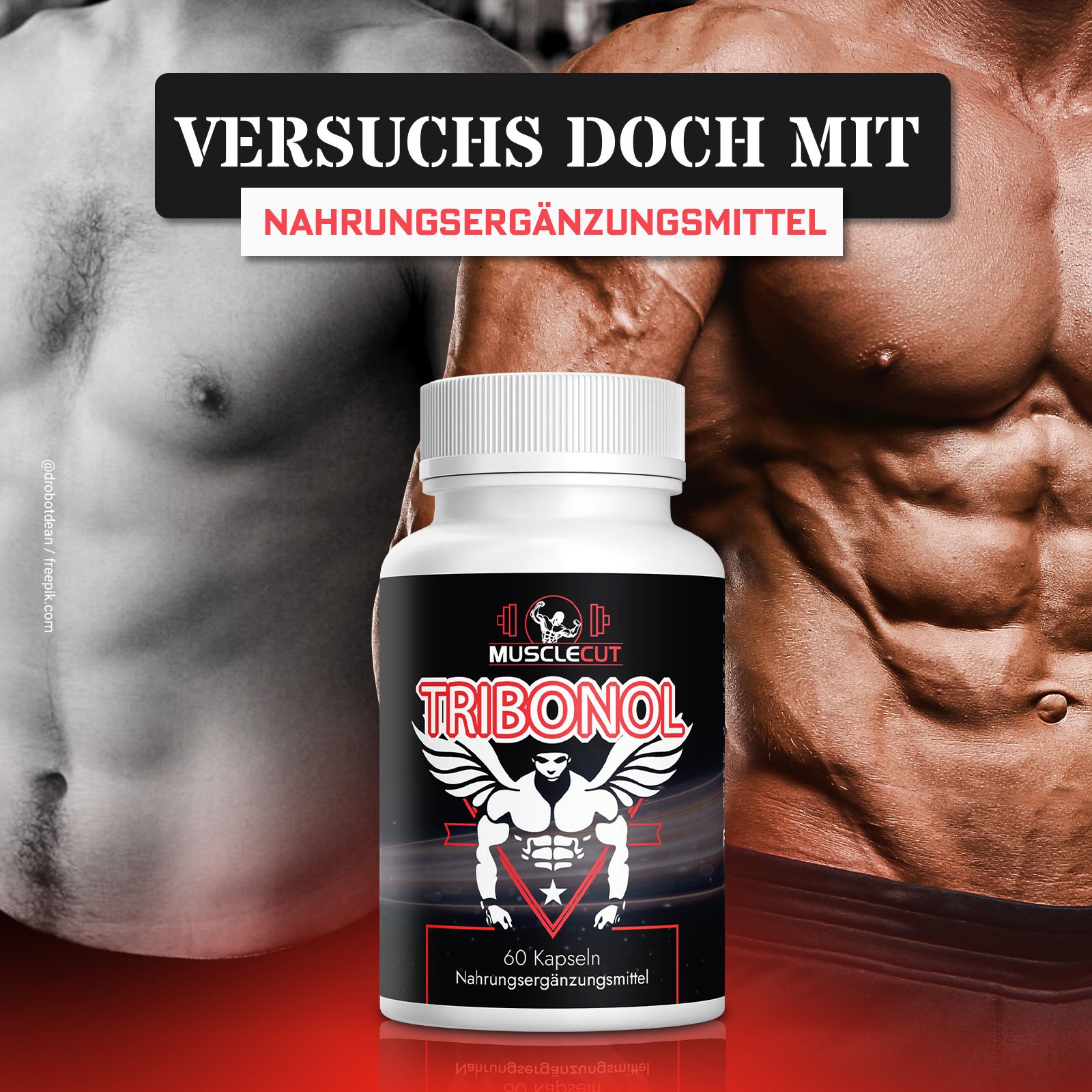 Flacone bianco con etichetta nera. Scritta: Tribonol, 60 capsule. Sfondo: uomo muscoloso.