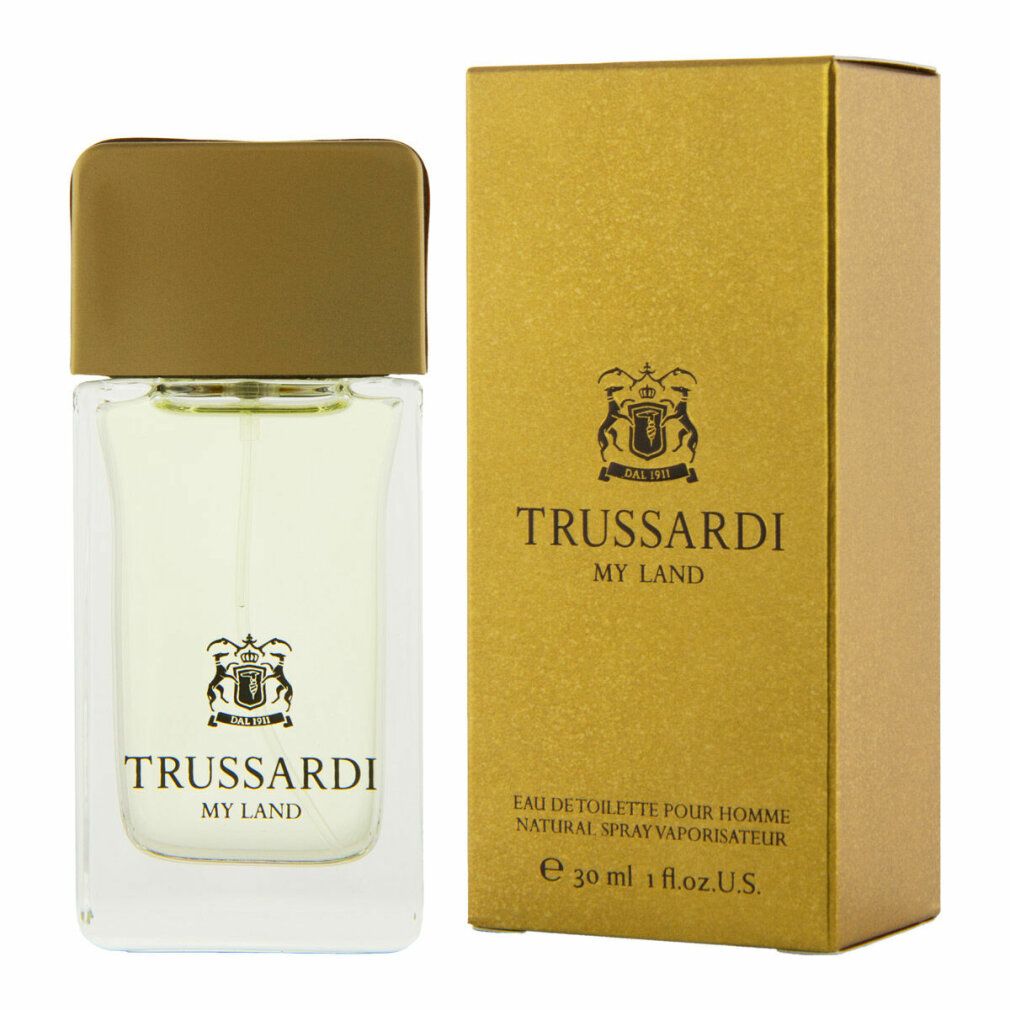 Flacone in vetro e confezione dorata. Logo e scritta: Trussardi My Land. Eau de Toilette.