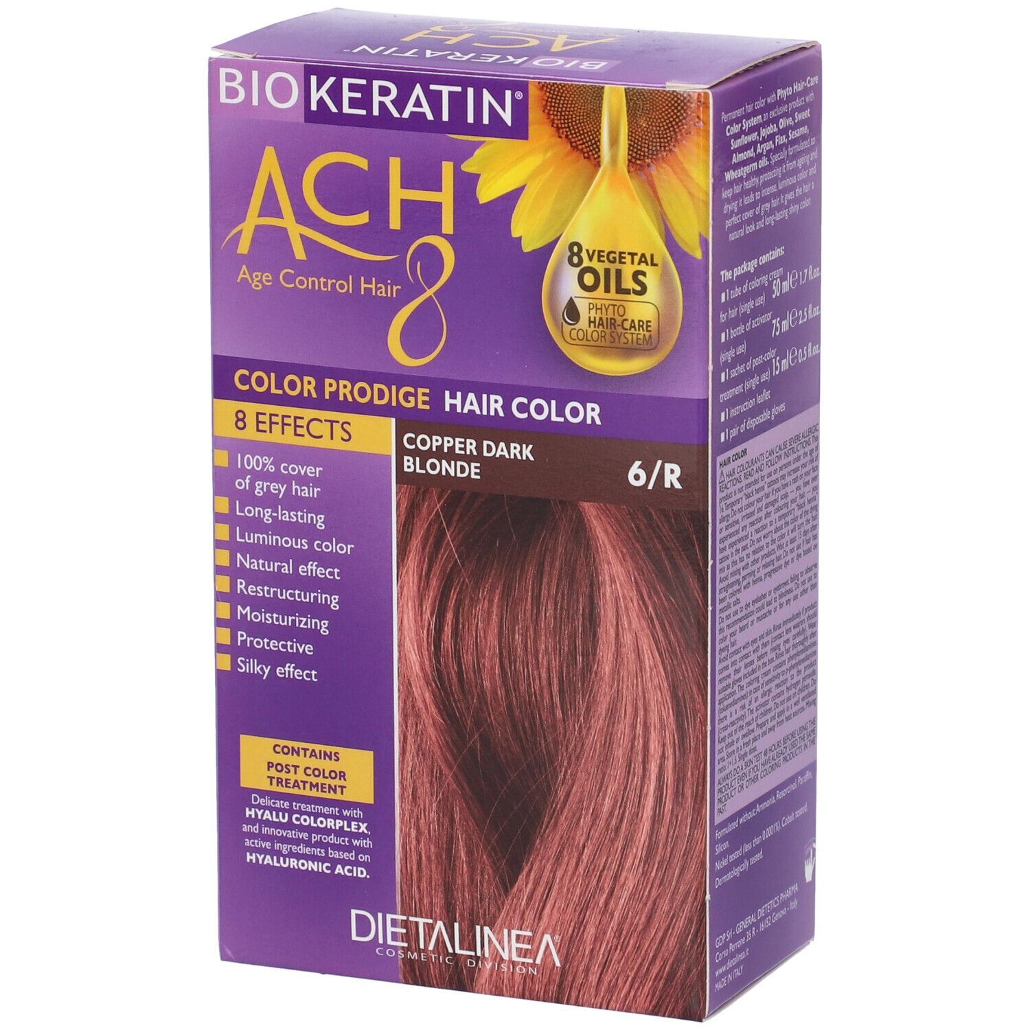 Confezione di tinta per capelli. Scritto: BIOKERATIN ACH8, Copper Dark Blonde 6/R. Immagine del colore dei capelli.