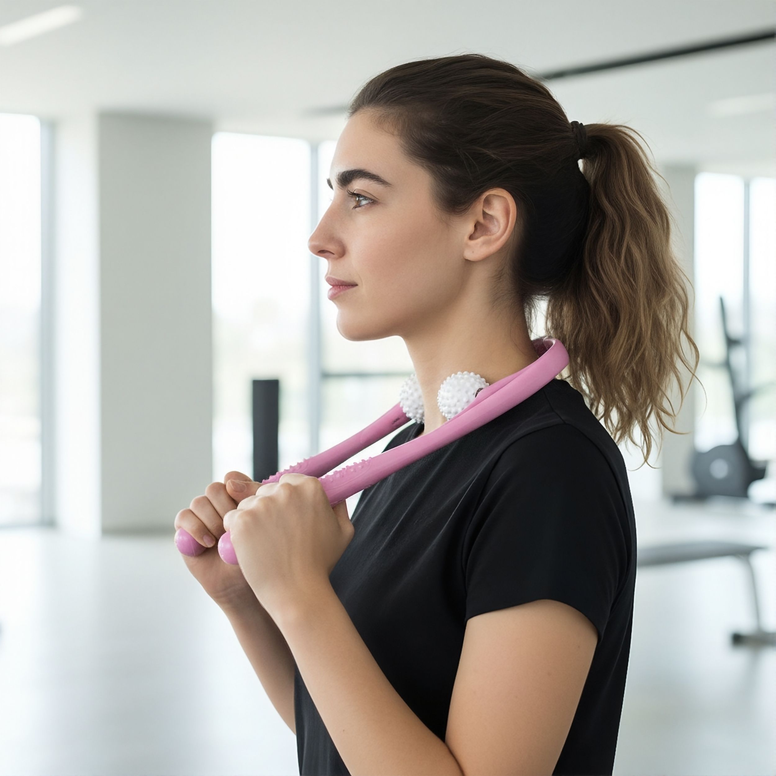Massaggiatore rosa per collo e spalle, tenuto da una donna. Due sfere bianche. Maglietta nera, sfondo palestra.