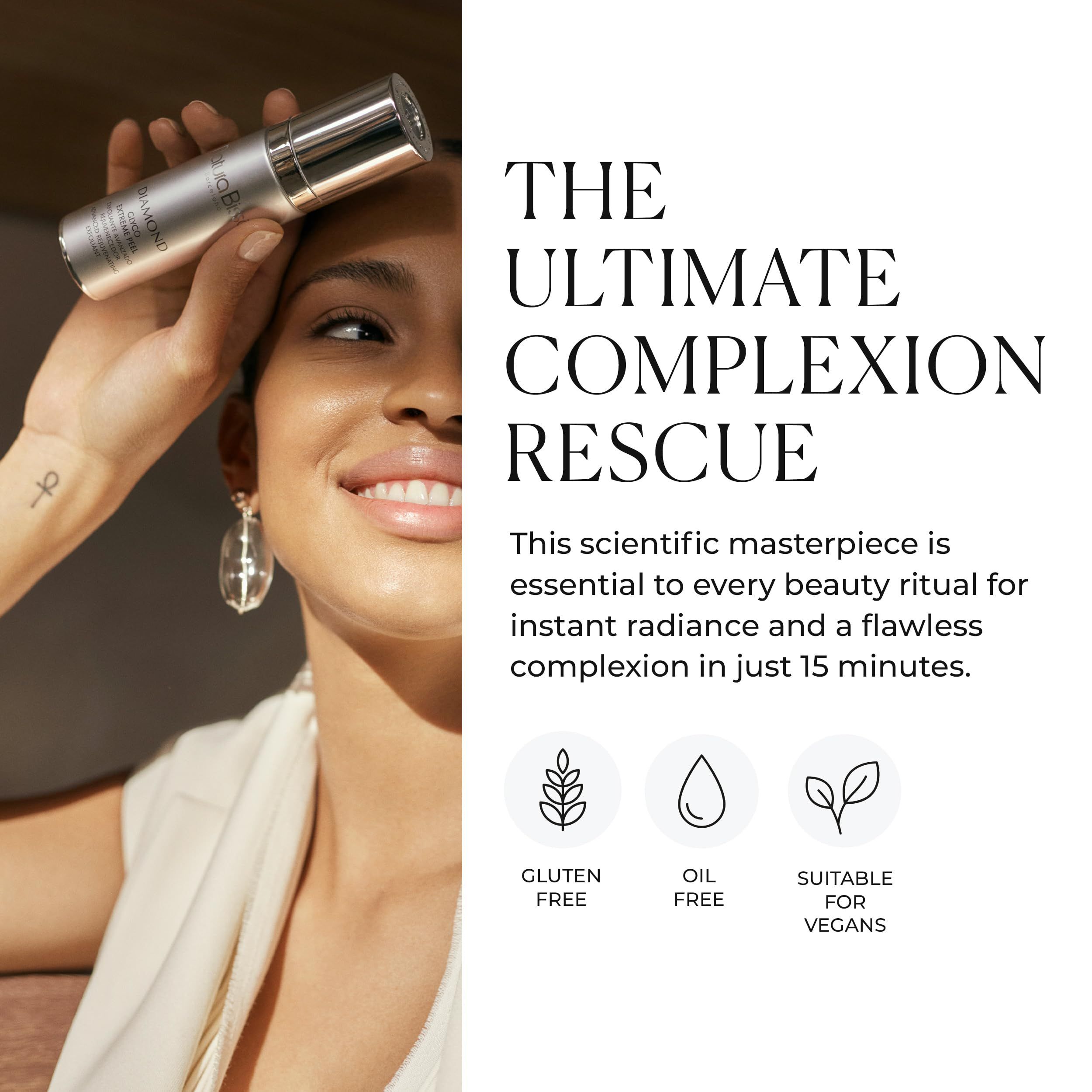 Donna che tiene in mano un flacone di prodotto. Testo: The Ultimate Complexion Rescue, Gluten Free, Oil Free, Suitable for Vegans. Prodotto: Natura Bissé.