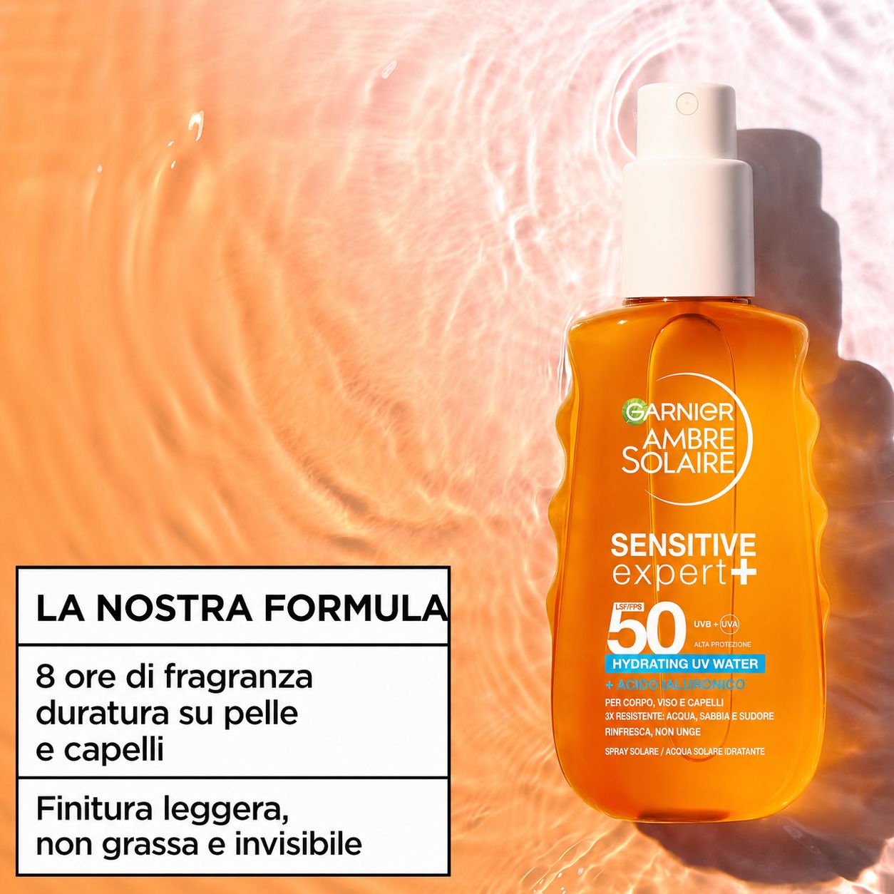Spray solare Garnier Ambre Solaire Sensitive Expert+ LSF 50. Testo: 8 ore di profumo su pelle e capelli. Formula leggera, non grassa.