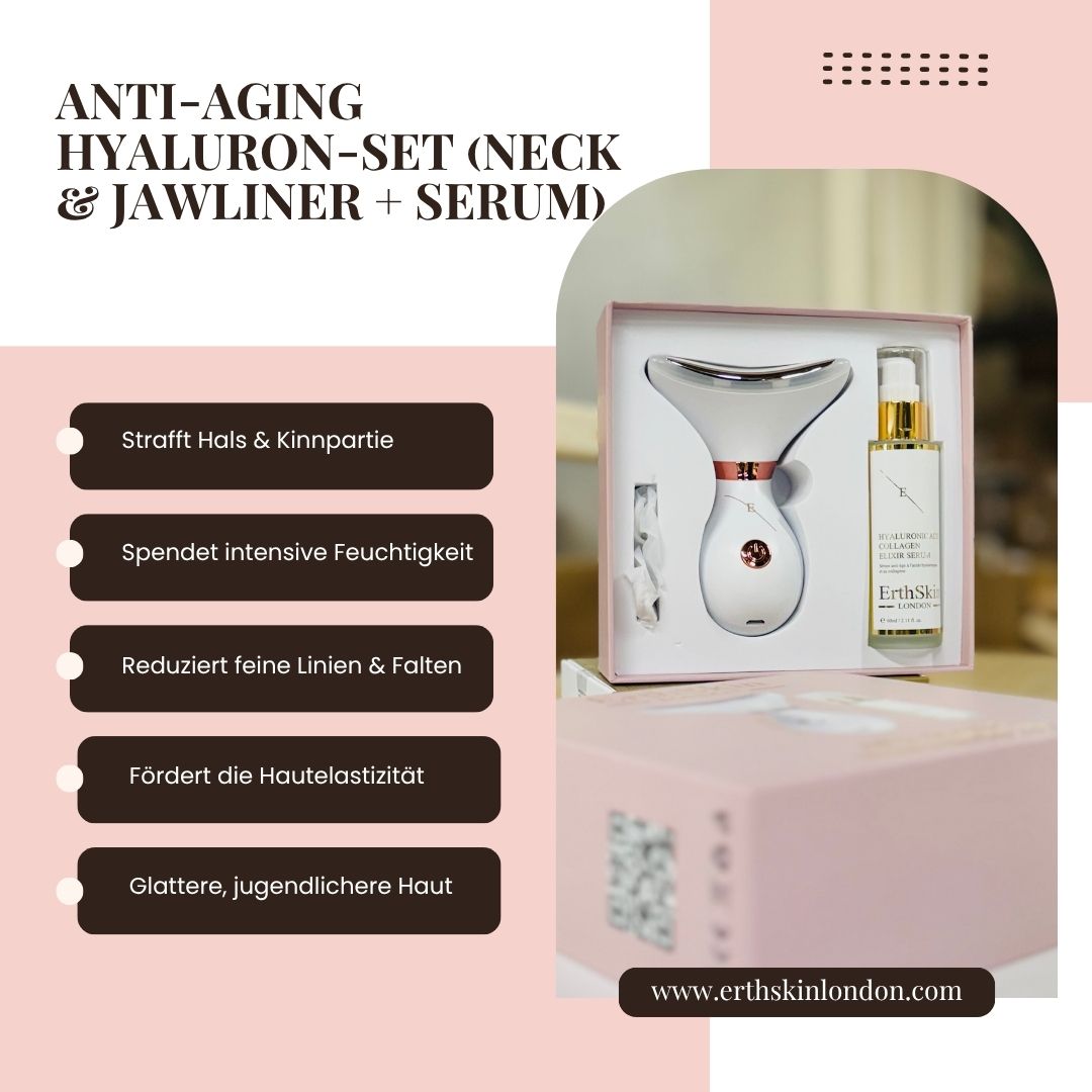 Confezione rosa con set ErthSkin London. Dispositivo, flacone di siero. Testo: Anti-Aging Hyaluron-Set (Neck & Jawliner + Serum).