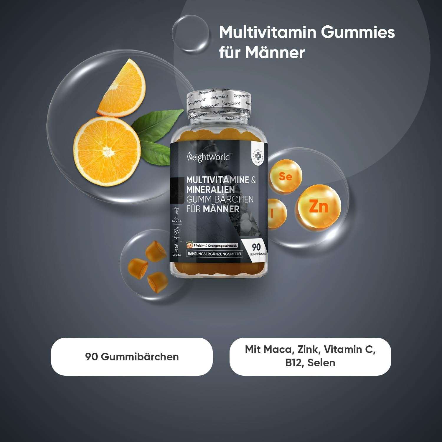 Flacone di WeightWorld Multivitamin Gummies per uomini, 90 caramelle gommose. Con arancia e foglie. Contiene zinco, selenio, vitamina C, B12.