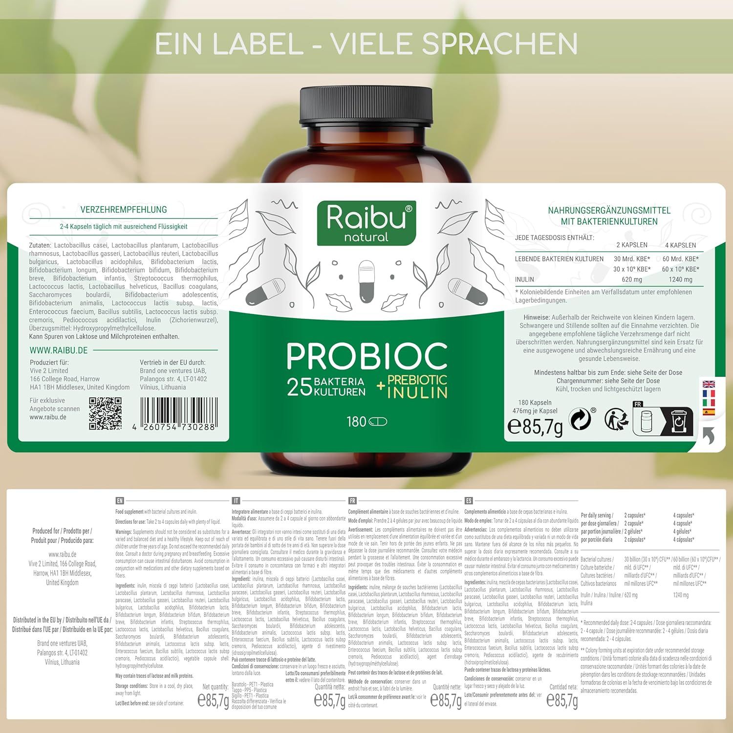 Probiotici Fermenti Lattici 25 Ceppi + Inulina - RAIBU
