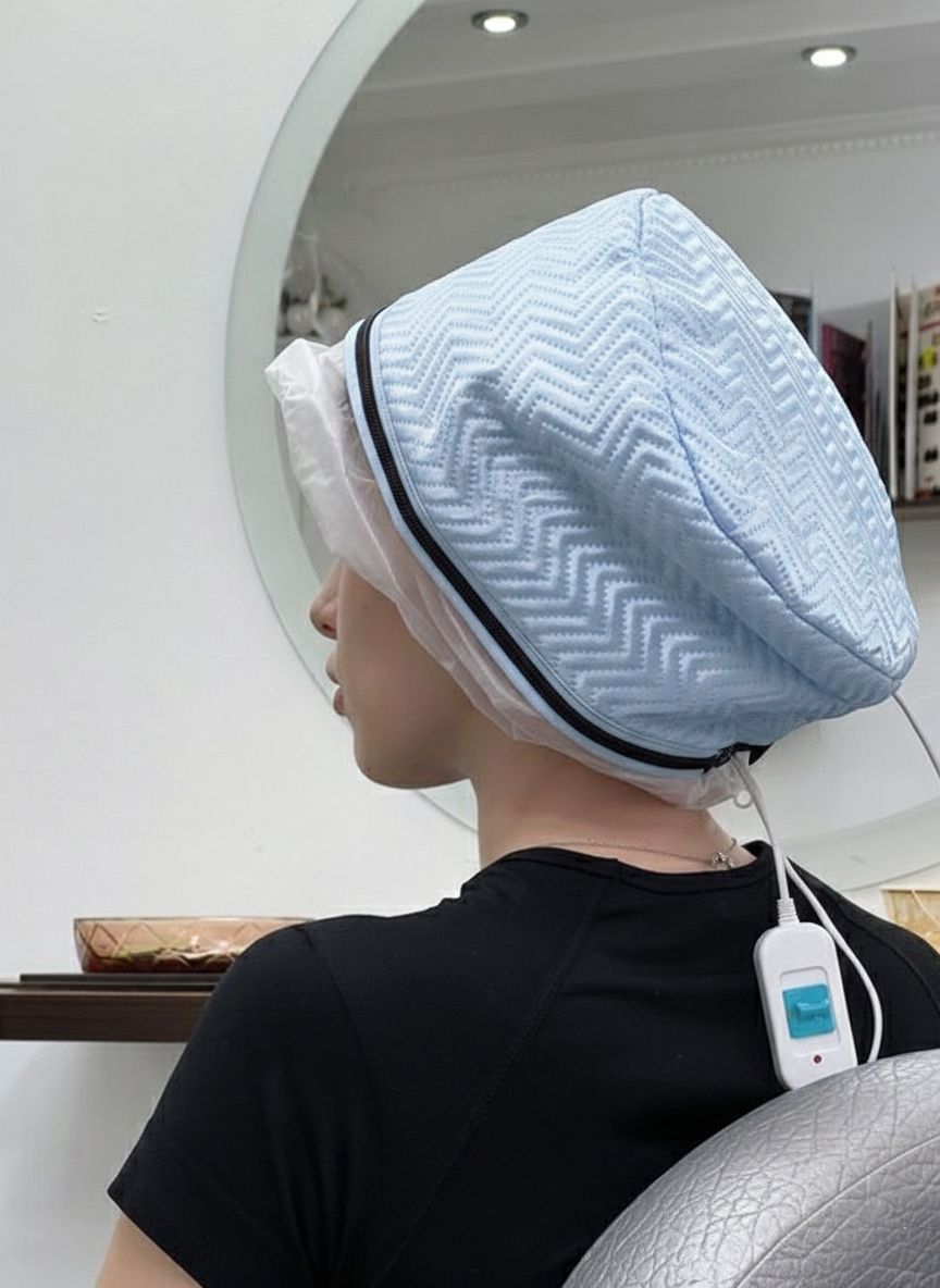Persona con cuffia a vapore elettrica blu per la cura dei capelli, con cavo e interruttore.