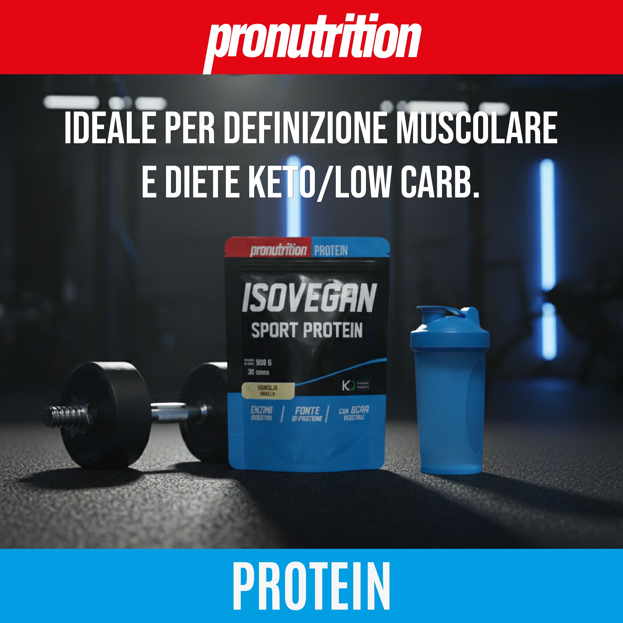 Busta nera Isovegan Sport Protein, vaniglia. Con shaker e manubrio. Ideale per la definizione muscolare e diete chetogeniche/a basso contenuto di carboidrati.