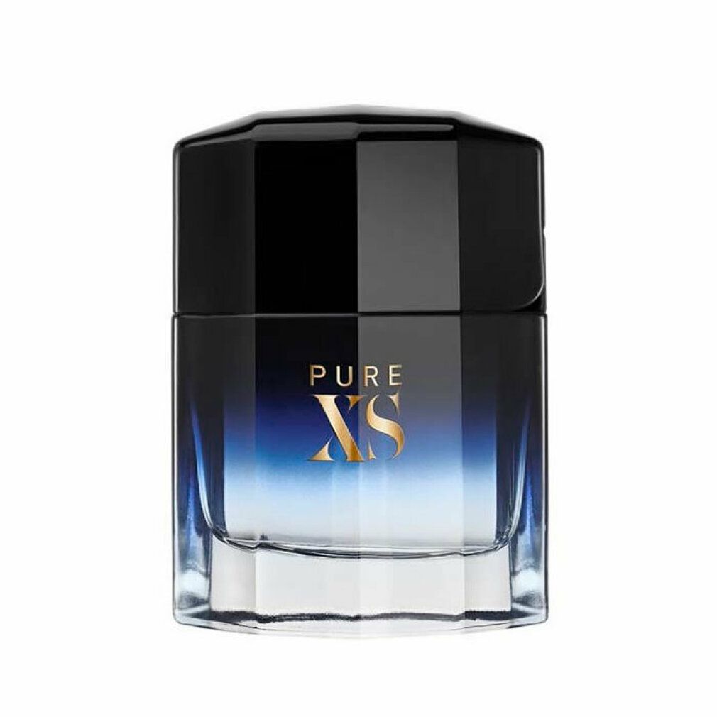 Flacone di Paco Rabanne Pure XS Eau de Toilette. Vetro blu sfumato, tappo nero. Scritta 'PURE XS'.