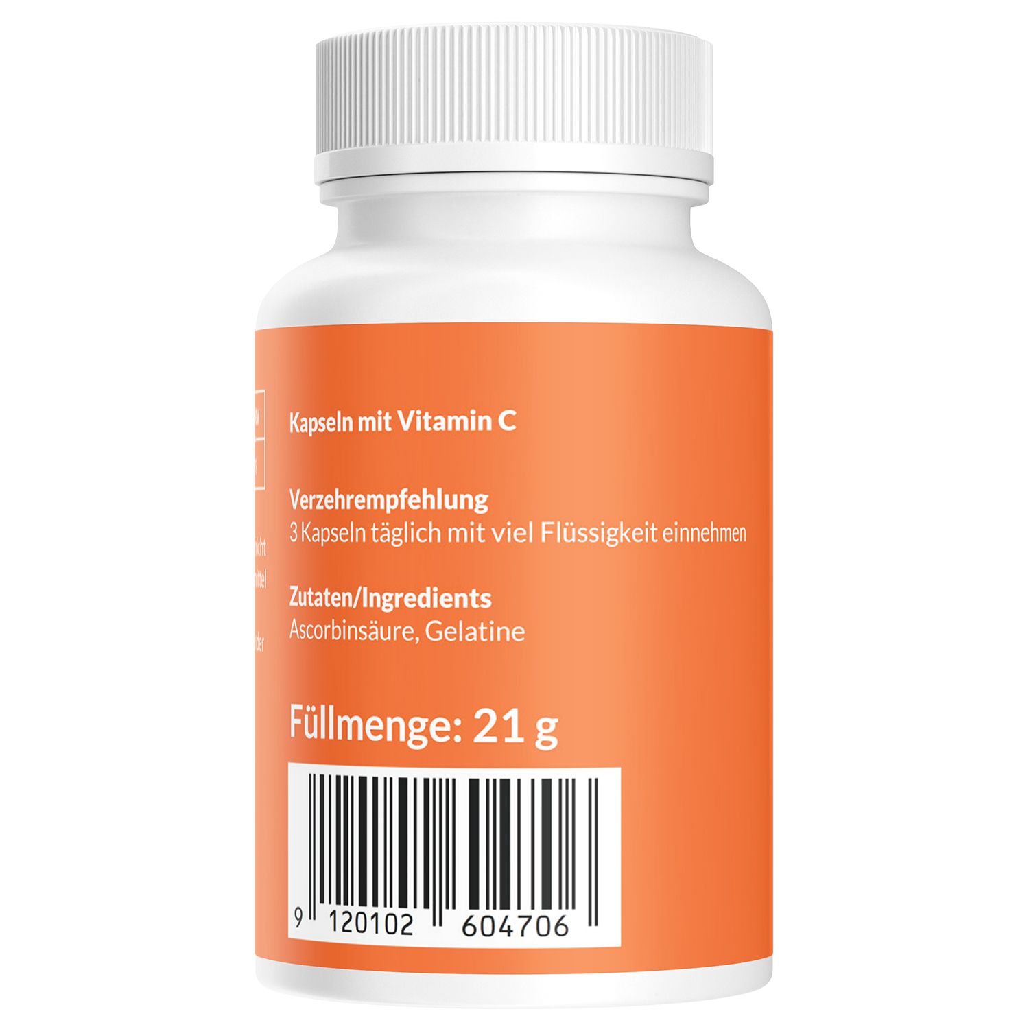 Retro di un flacone bianco di capsule di vitamina C. Testo: Capsule con vitamina C, ingredienti, Peso netto: 21 g.