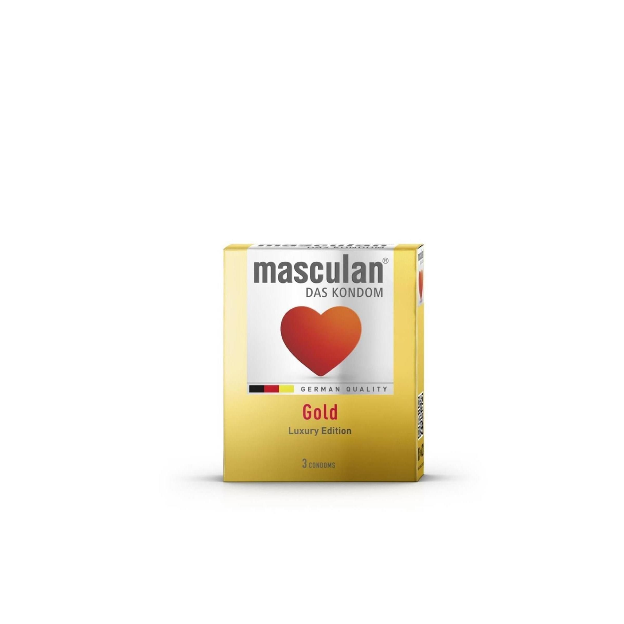 Confezione dorata con cuore rosso. Scritta: Masculan, Das Kondom, German Quality, Gold, Luxury Edition. Contiene 3 preservativi.