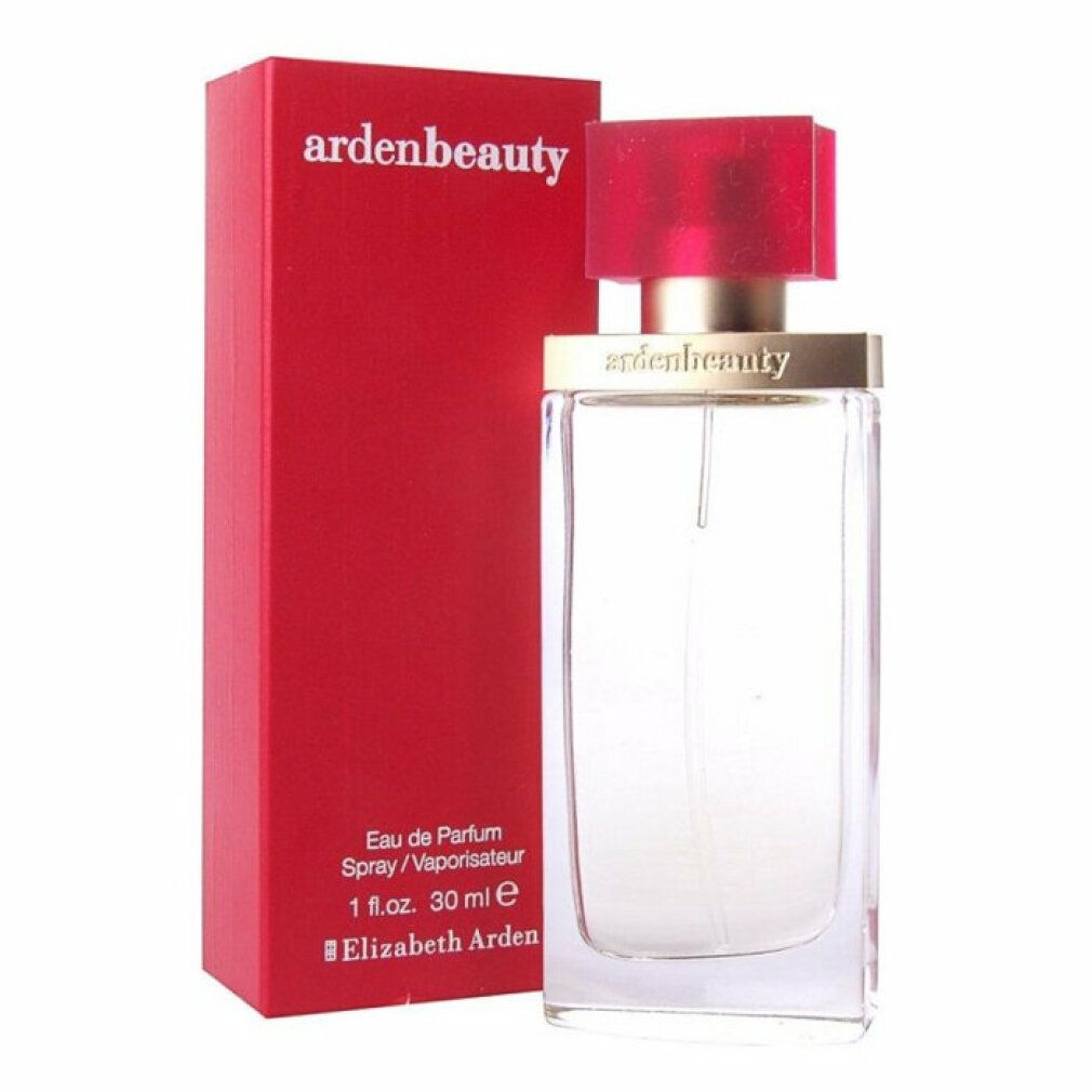 Scatola rossa e flacone. Flacone con tappo rosso e anello dorato. Testo: ardenbeauty, Eau de Parfum Spray.