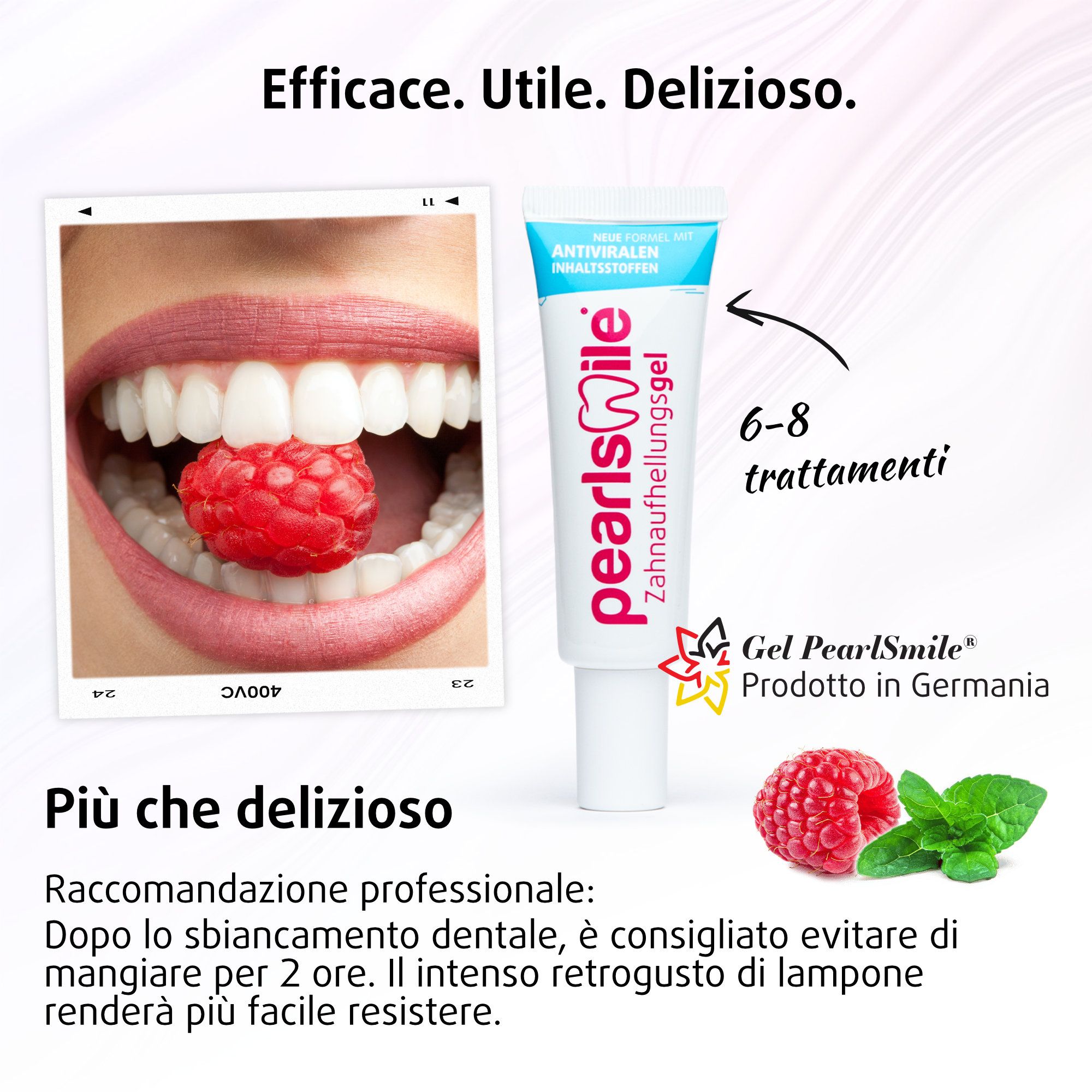 Donna con tubetto di gel sbiancante. Lampada LED, altri dispositivi LED. Testo: Sbiancamento dentale professionale con il gel di Pearl Smile GmbH.