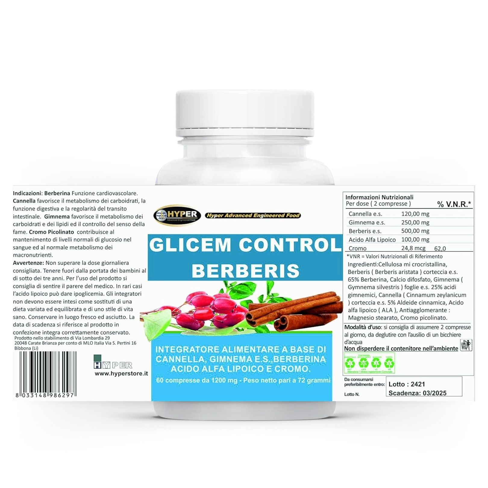 Flacone di compresse bianco con etichetta. Testo: Glicem Control Berberis. Ingredienti, informazioni nutrizionali. 60 compresse. Logo Hyper.