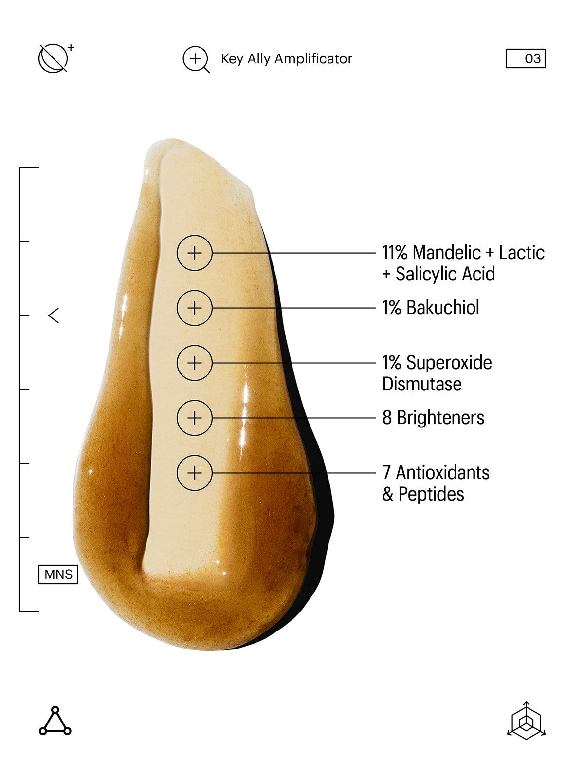 Campione di siero. Testo: Mandelic Pigmentation Corrector Night Serum. Ingredienti: 11% acido mandelico, lattico, salicilico, ecc.