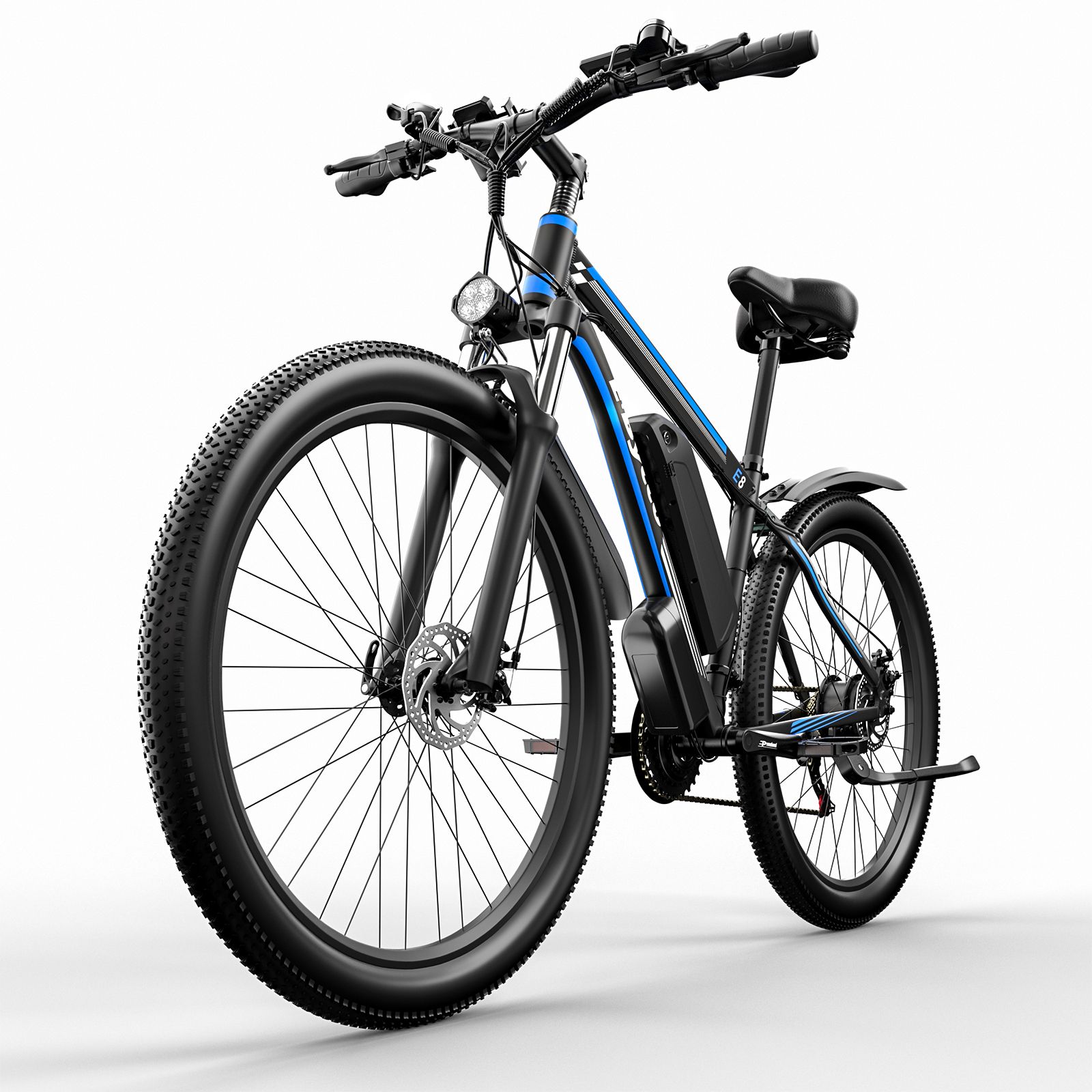 E-bike nera con dettaglio blu. Logo E·Bycco. Faro anteriore. Pneumatici e parafanghi neri.