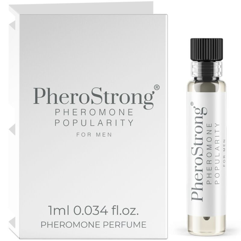 PheroStrong Profumo a feromoni per uomo, 1ml. Include una piccola bottiglia di vetro e una scatola.