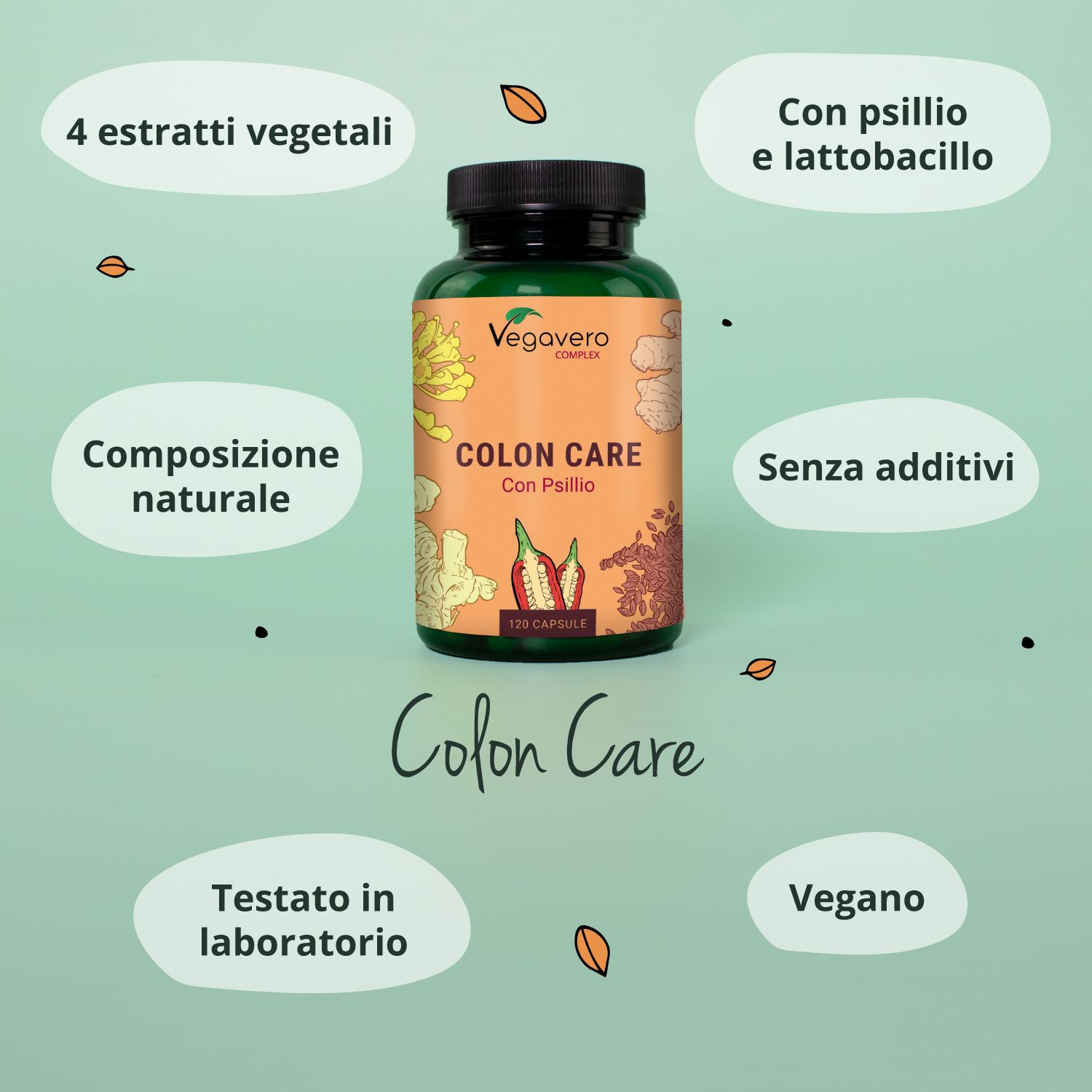 Flacone di capsule marrone con testo e illustrazioni. Scritta: Vegavaro, Colon Care. Testi e simboli aggiuntivi.