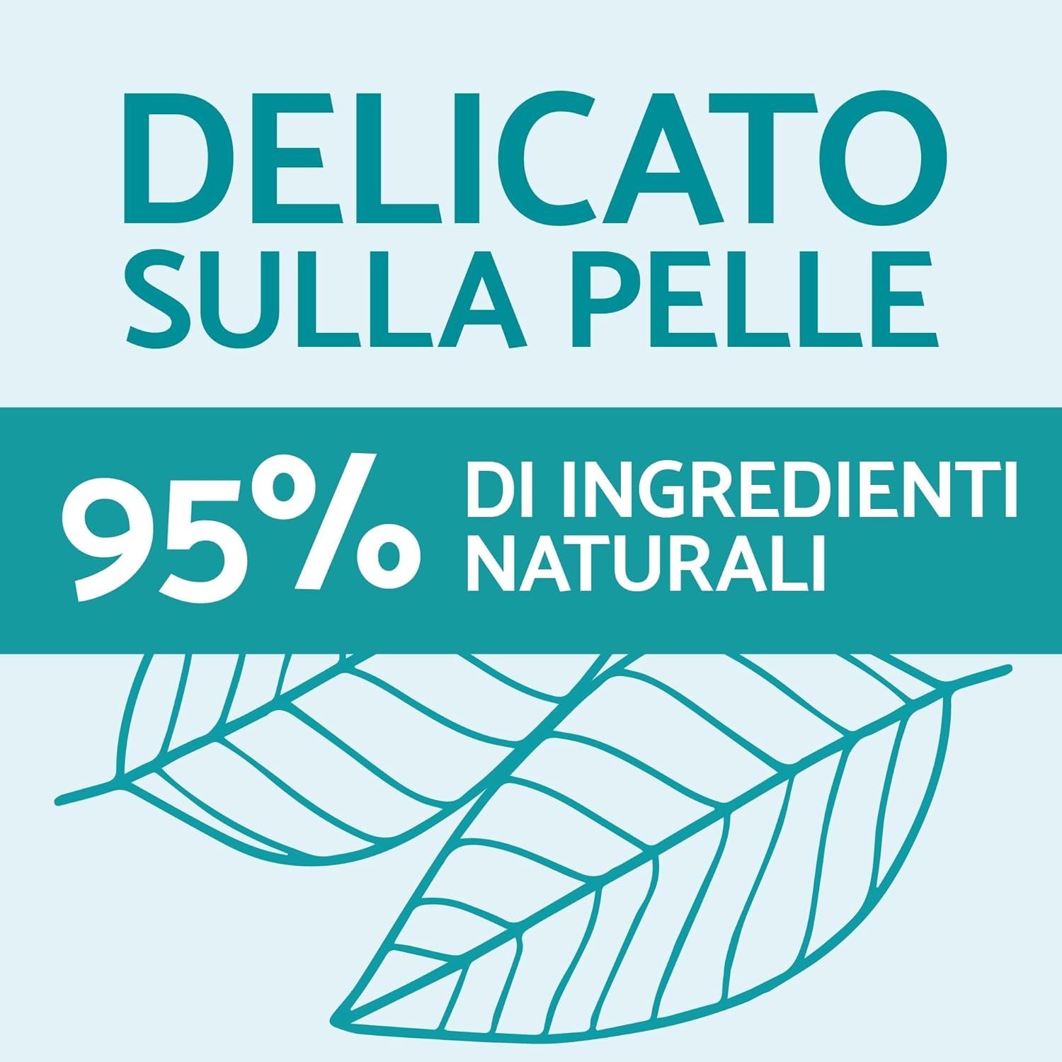 Testo: Delicato sulla pelle, 95% di ingredienti naturali. Due foglie verdi come illustrazione.