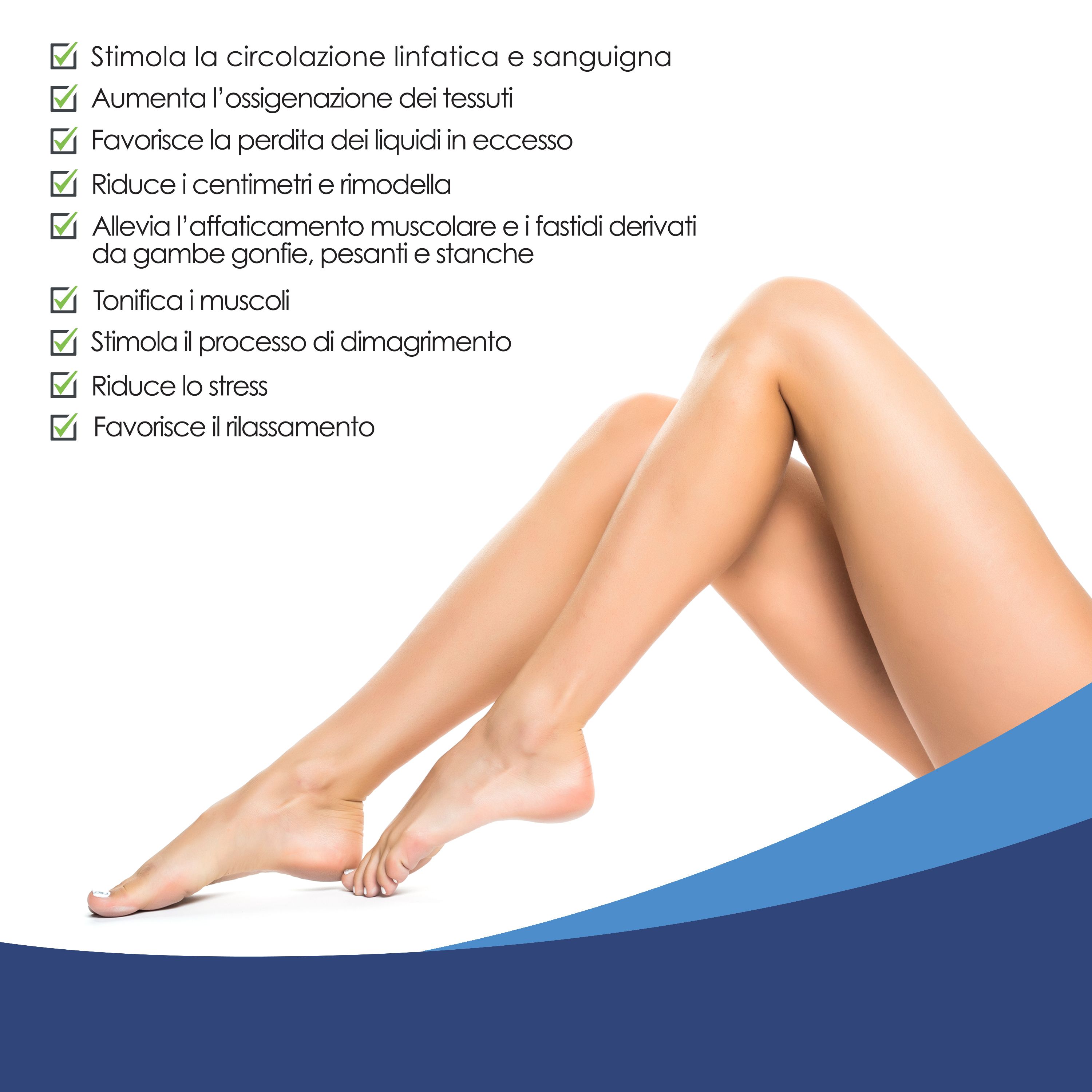 Gambe femminili che evidenziano i benefici della pressoterapia.