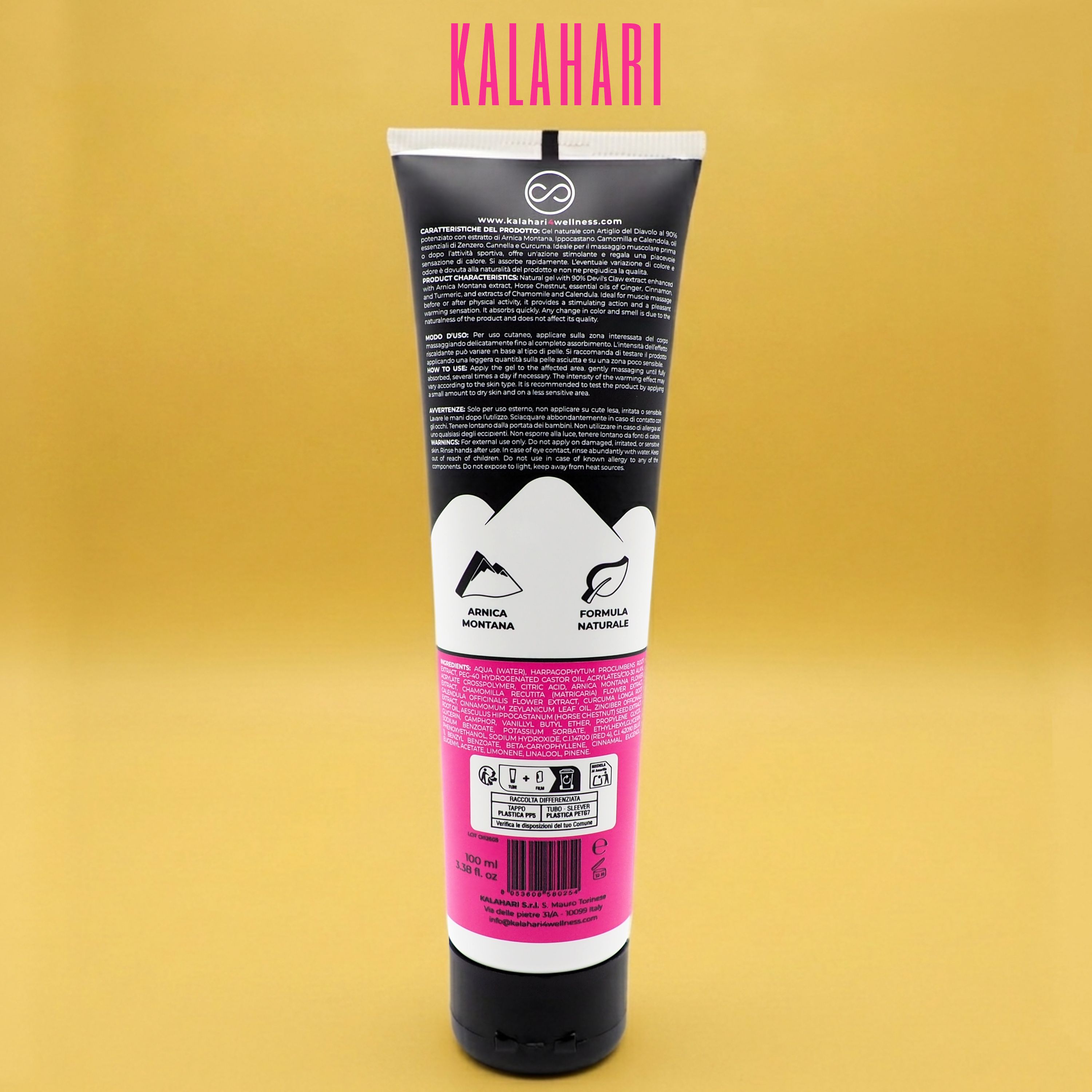Retro del tubo KALAHARI Artiglio del Diavolo e Arnica Gel con informazioni dettagliate e ingredienti.