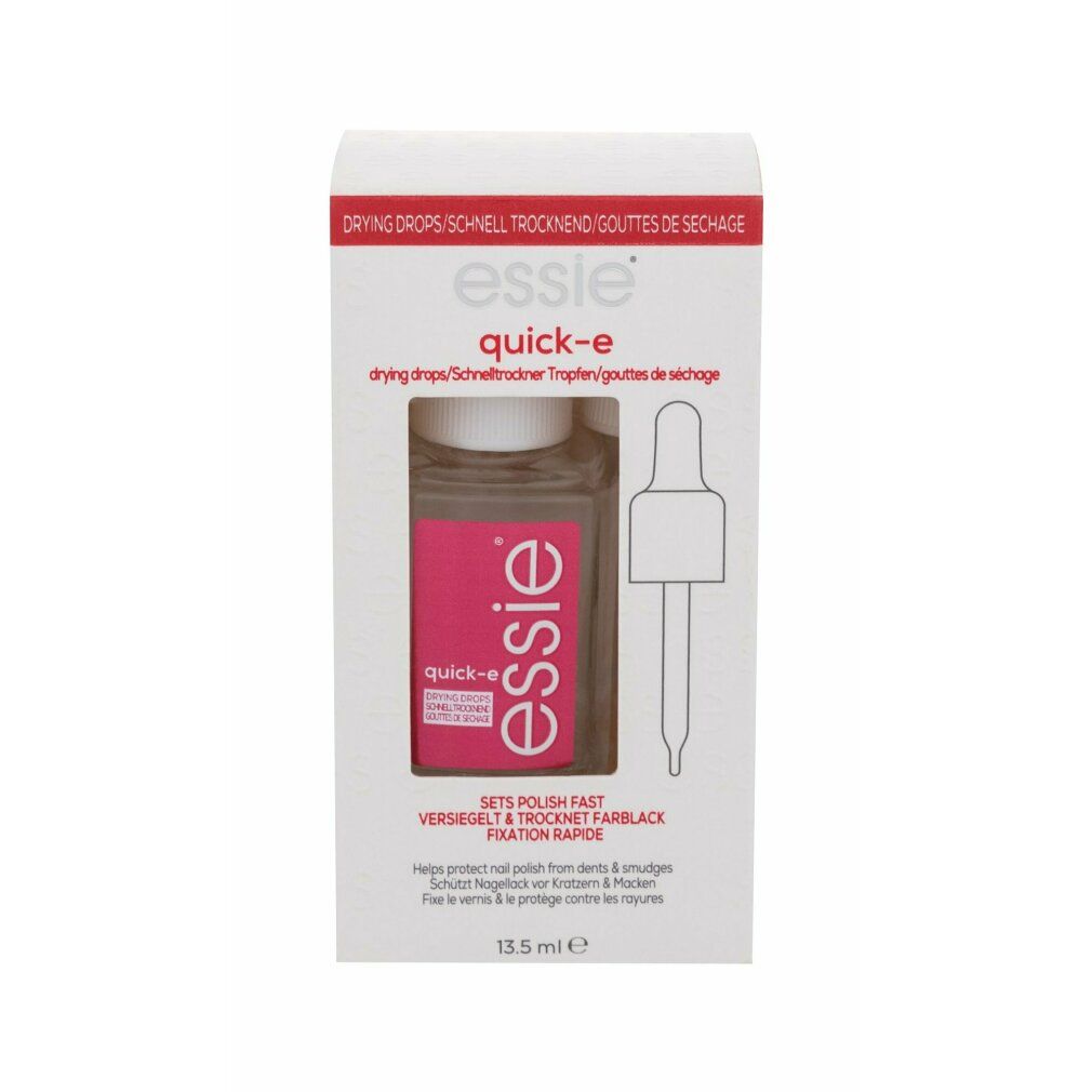 Essie Quick-e gocce asciugatura in confezione. Flacone con etichetta rosa, tappo bianco e simbolo contagocce. 13,5 ml.