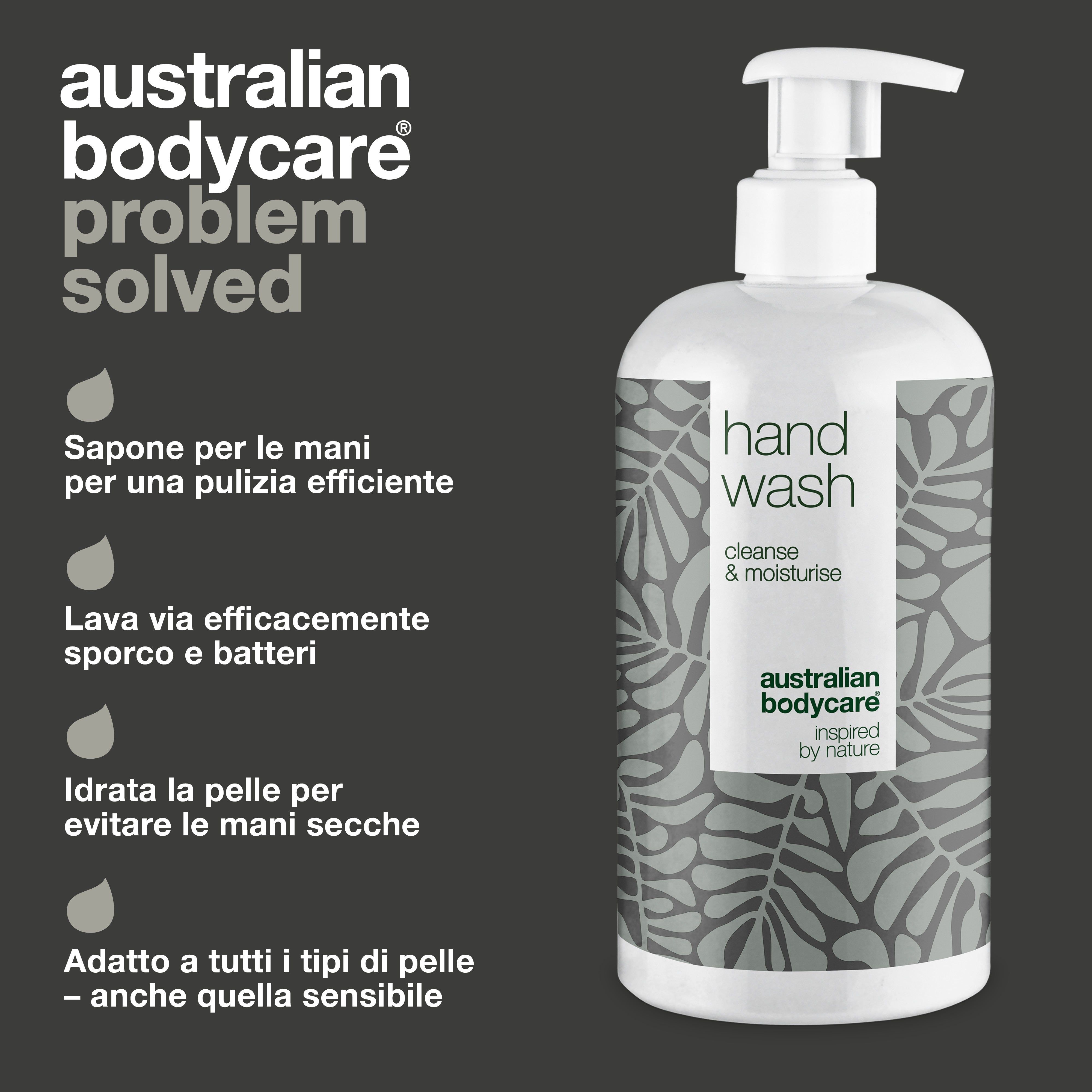 Flacone di sapone per le mani. Scritta: Hand Wash, cleanse & moisturise. Logo: Australian Bodycare. Testo: Sapone per le mani per una pulizia efficiente.